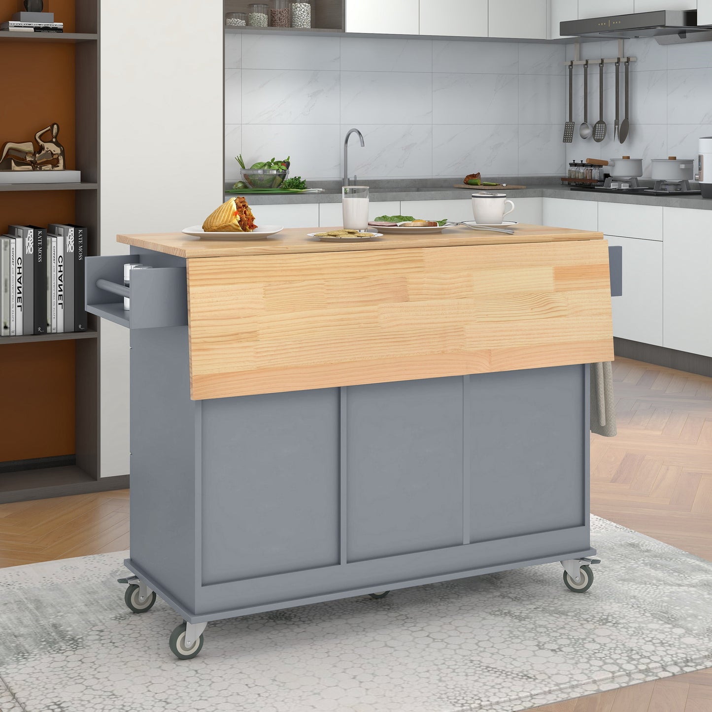 Melysen Rolling Mobile Kitchen Island with Solid Wood Top and Locking Wheels,52.7 Inch Width,Storage Cabinet and Drop Leaf Breakfast Bar,Spice Rack, Towel Rack & Drawer (Grey Blue)