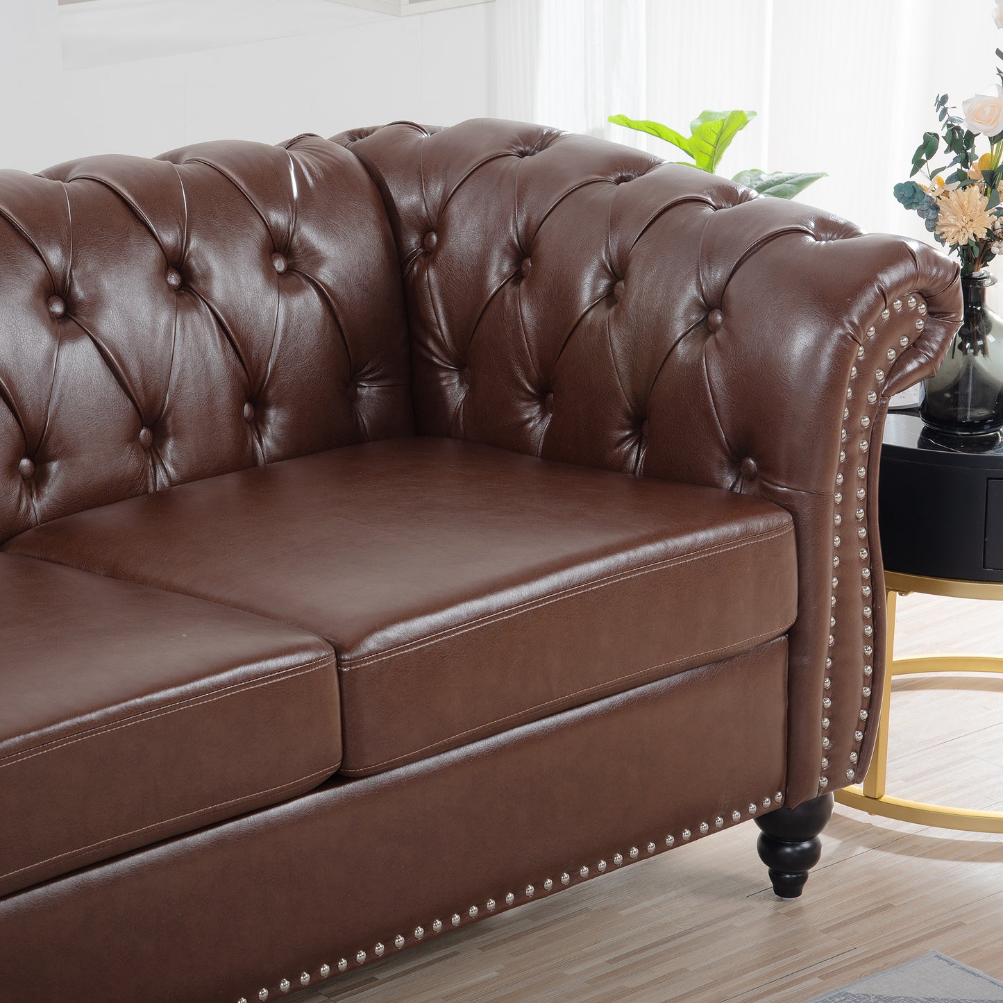 Melysen 84.65" Pu Rolled Arm Chesterfield 3seater Sofa,Dark Brown