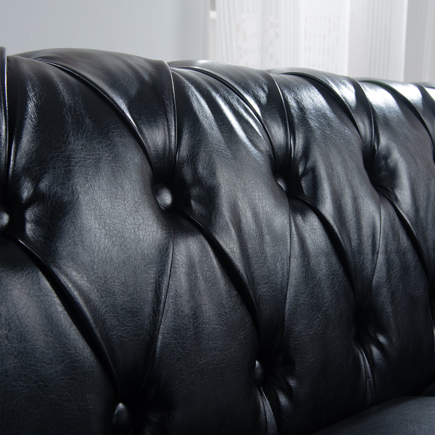 Melysen 84.65" Pu Rolled Arm Chesterfield 3seater Sofa,Black