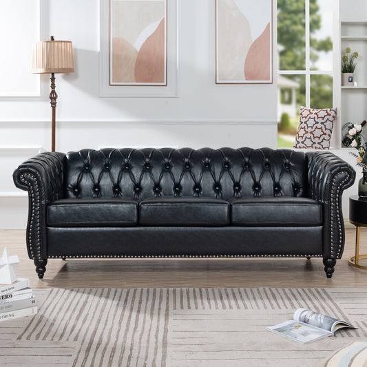 Melysen 84.65" Pu Rolled Arm Chesterfield 3seater Sofa,Black