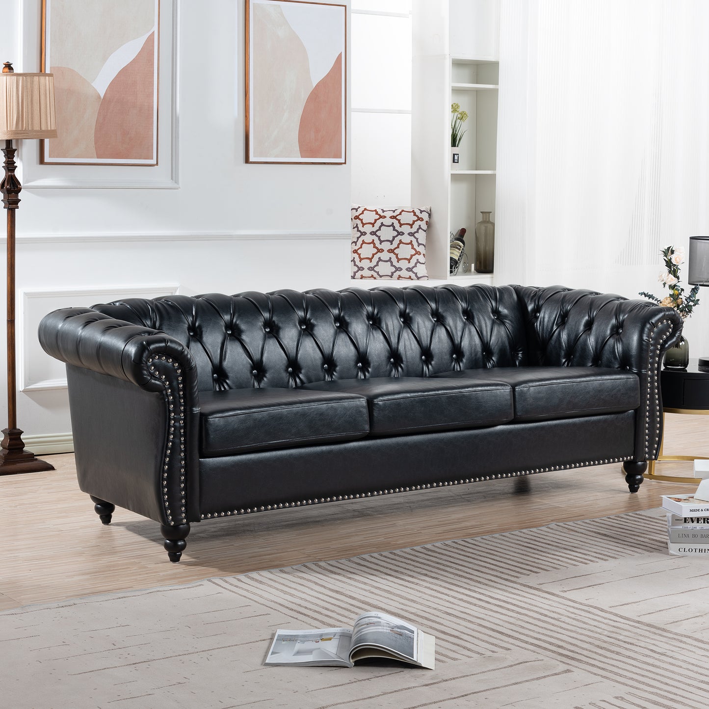 Melysen 84.65" Pu Rolled Arm Chesterfield 3seater Sofa,Black