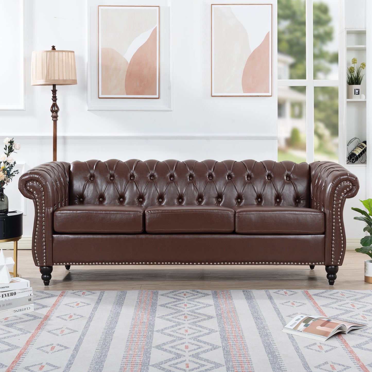 Melysen 84.65" Pu Rolled Arm Chesterfield 3seater Sofa,Dark Brown