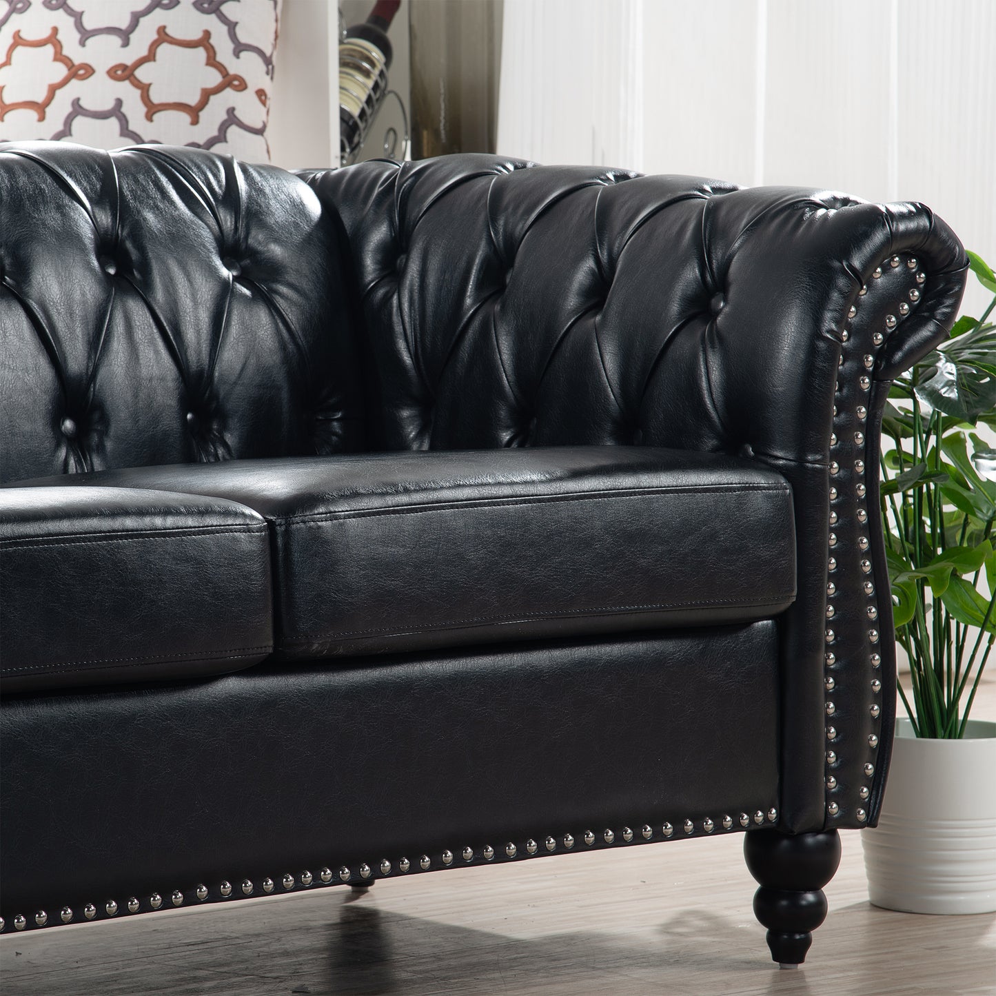 Melysen 84.65" Pu Rolled Arm Chesterfield 3seater Sofa,Black