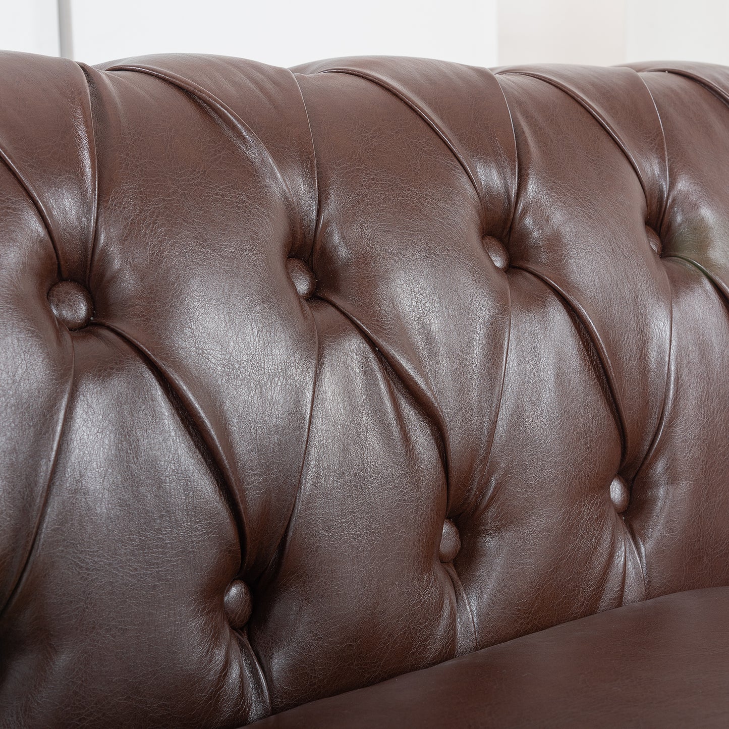 Melysen 84.65" Pu Rolled Arm Chesterfield 3seater Sofa,Dark Brown