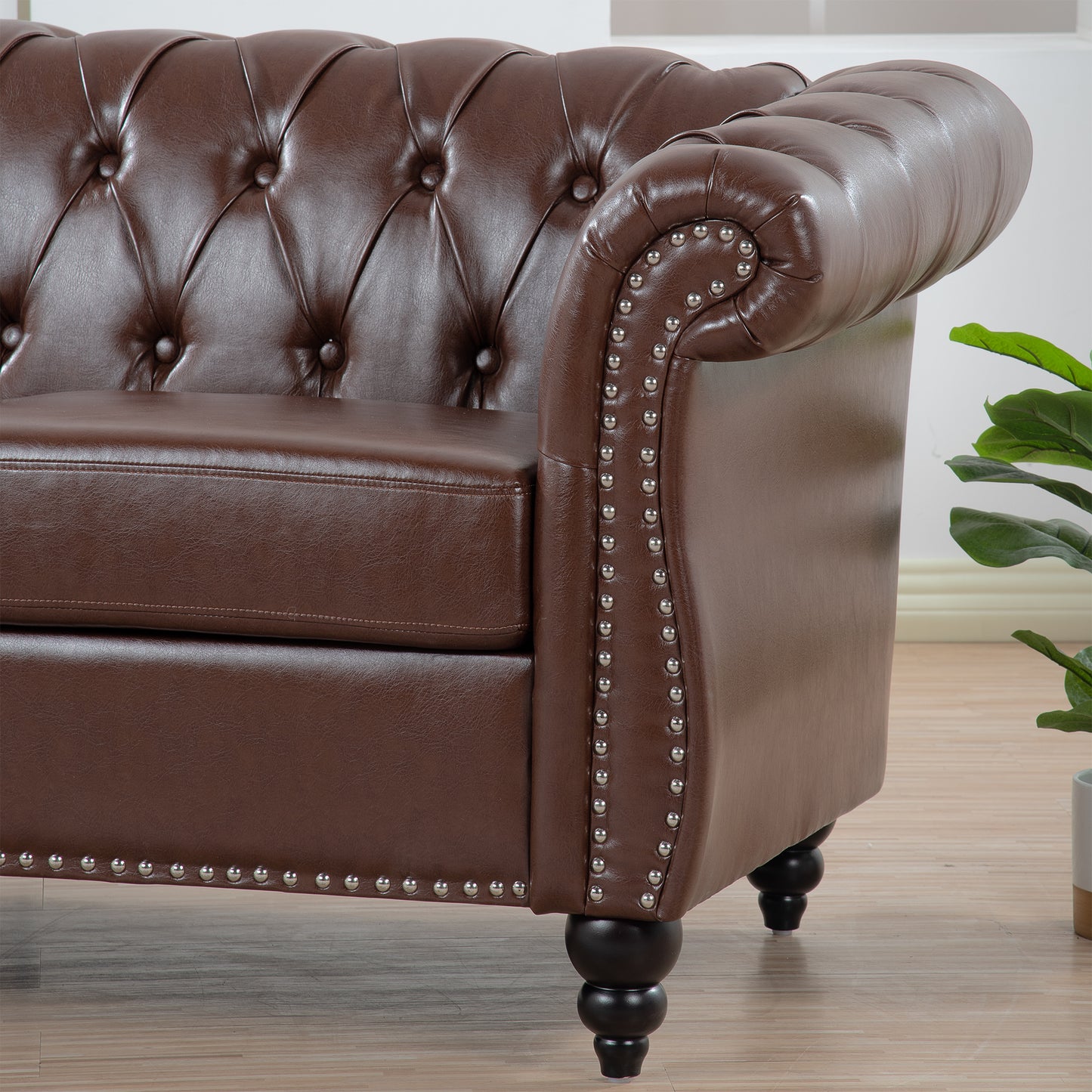 Melysen 84.65" Pu Rolled Arm Chesterfield 3seater Sofa,Dark Brown