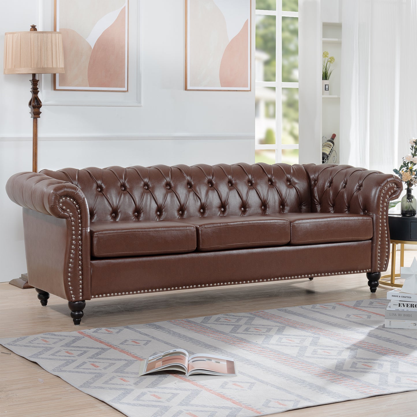 Melysen 84.65" Pu Rolled Arm Chesterfield 3seater Sofa,Dark Brown