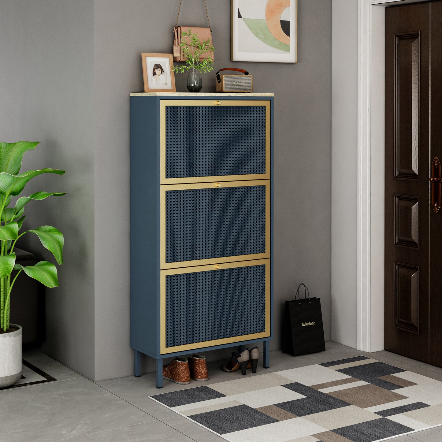 Melysen 3 Metal Door Shoe Rack, Freestanding Modern Shoe Storage Cabinet, Metal rattan, Dark Blue