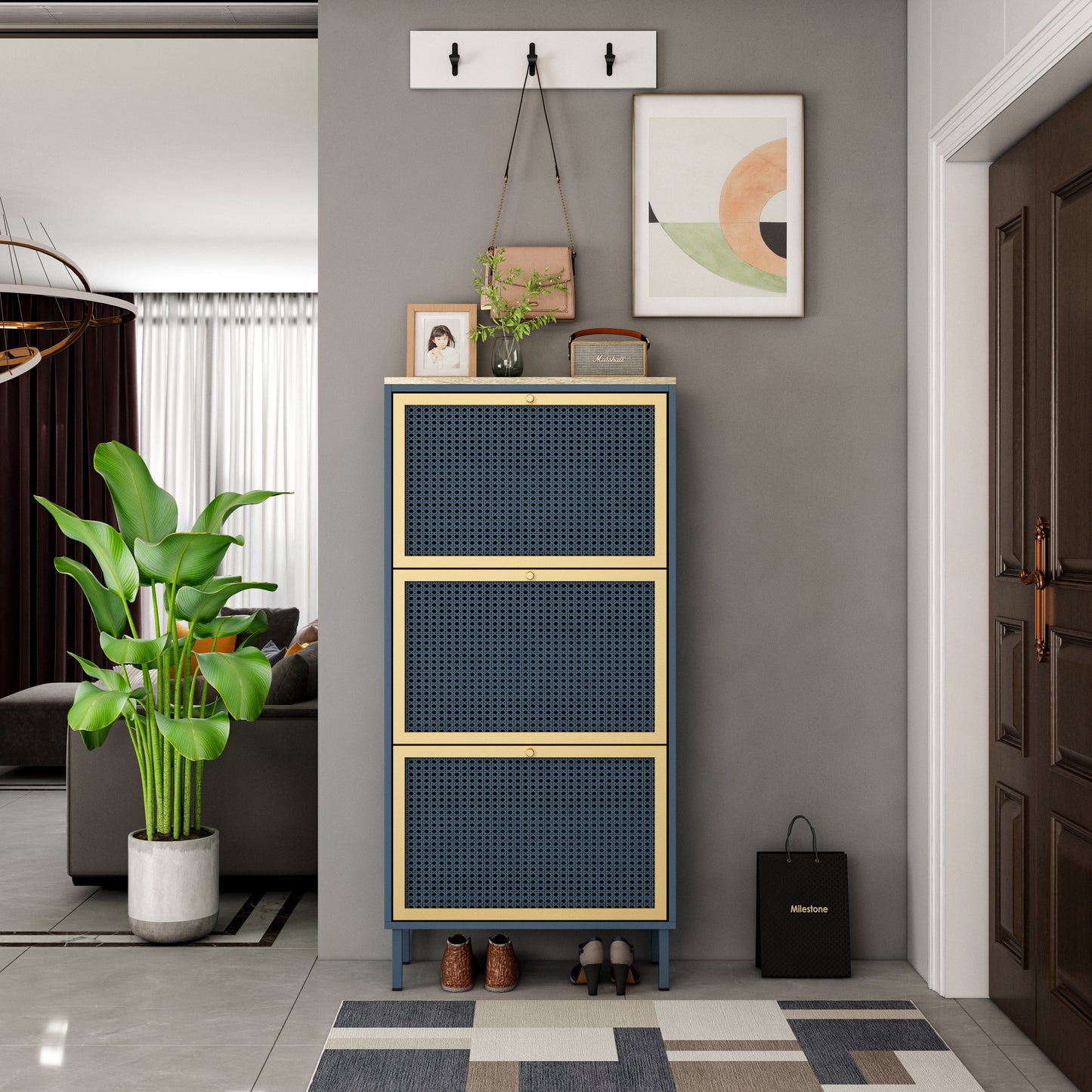 Melysen 3 Metal Door Shoe Rack, Freestanding Modern Shoe Storage Cabinet, Metal rattan, Dark Blue