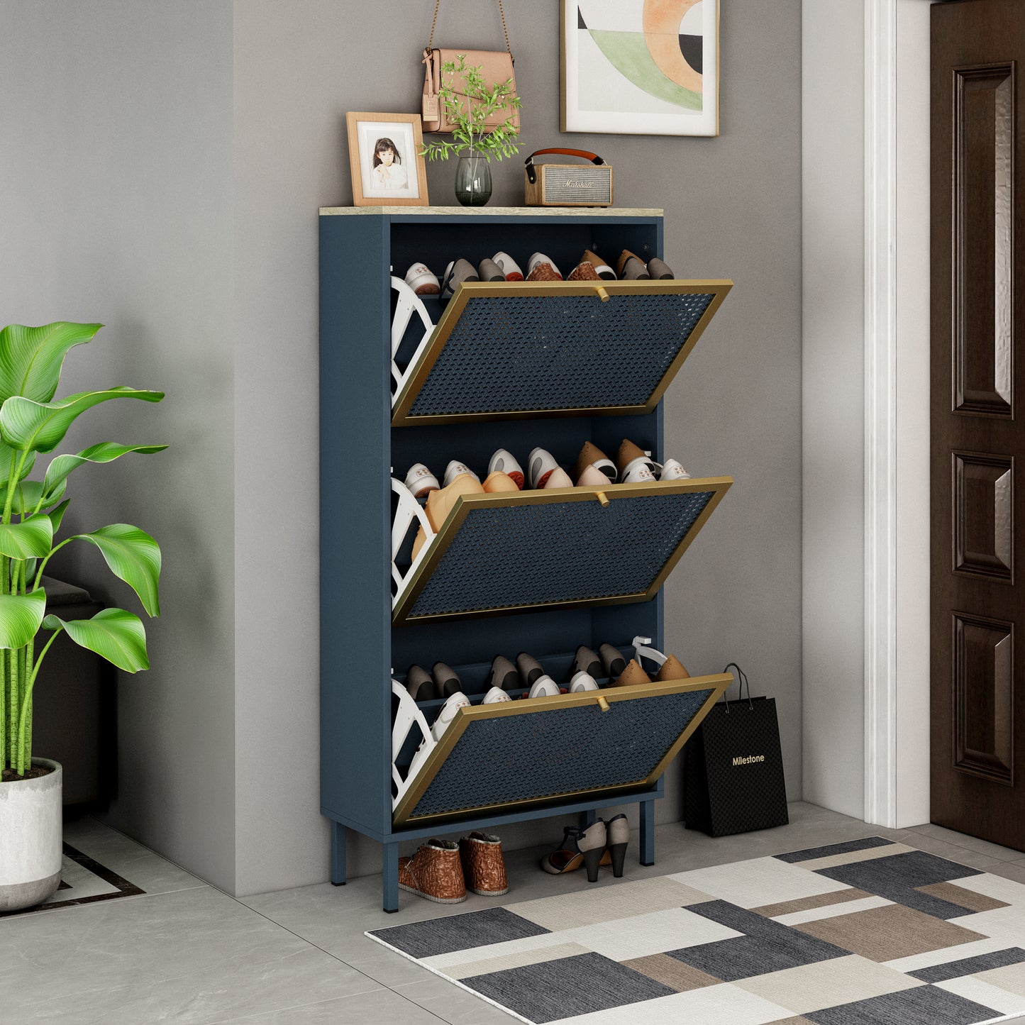 Melysen 3 Metal Door Shoe Rack, Freestanding Modern Shoe Storage Cabinet, Metal rattan, Dark Blue