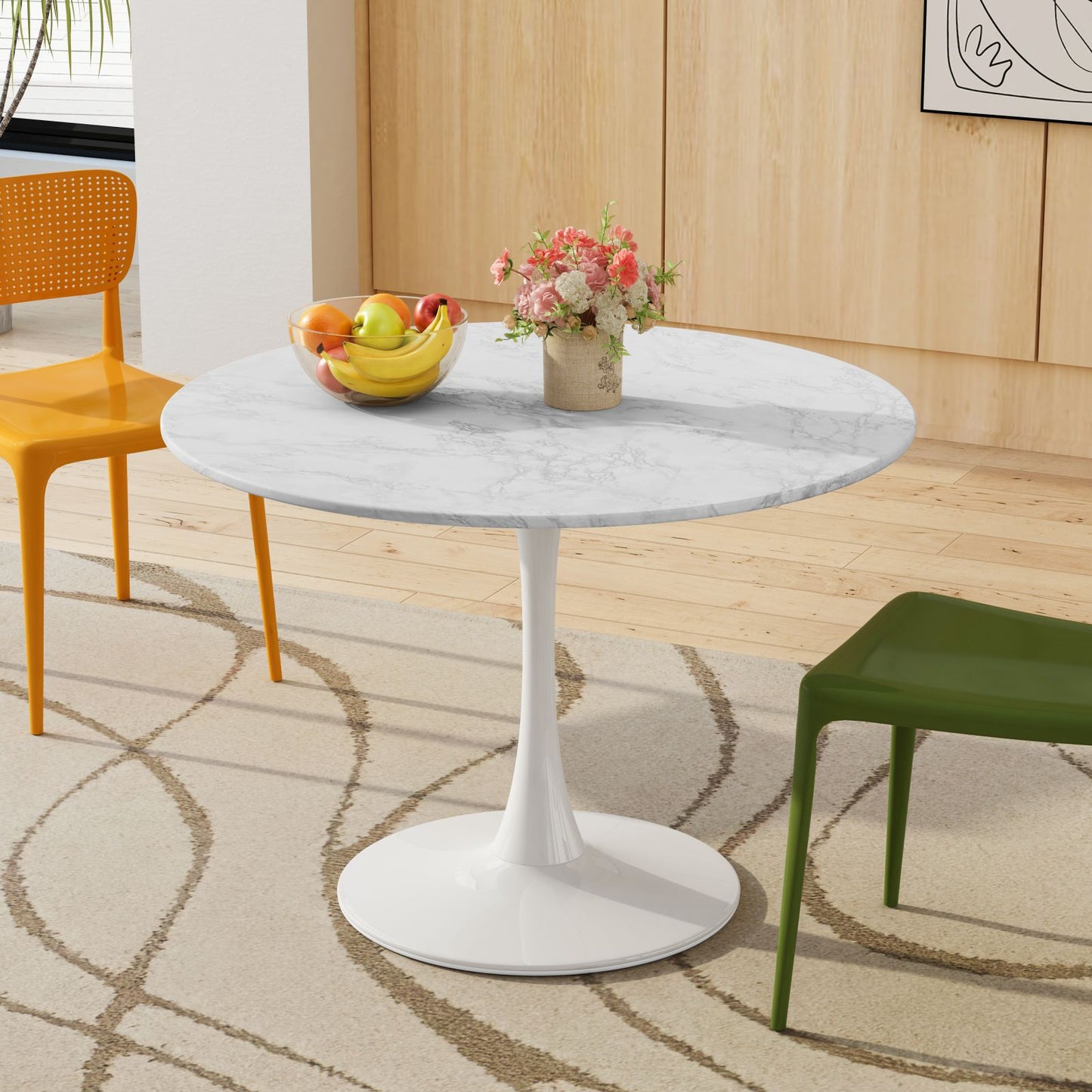 Melysen 42.12"Modern Round Dining Table with Printed White Marble Table Top,Metal Base Dining Table, End Table Leisure Coffee Table