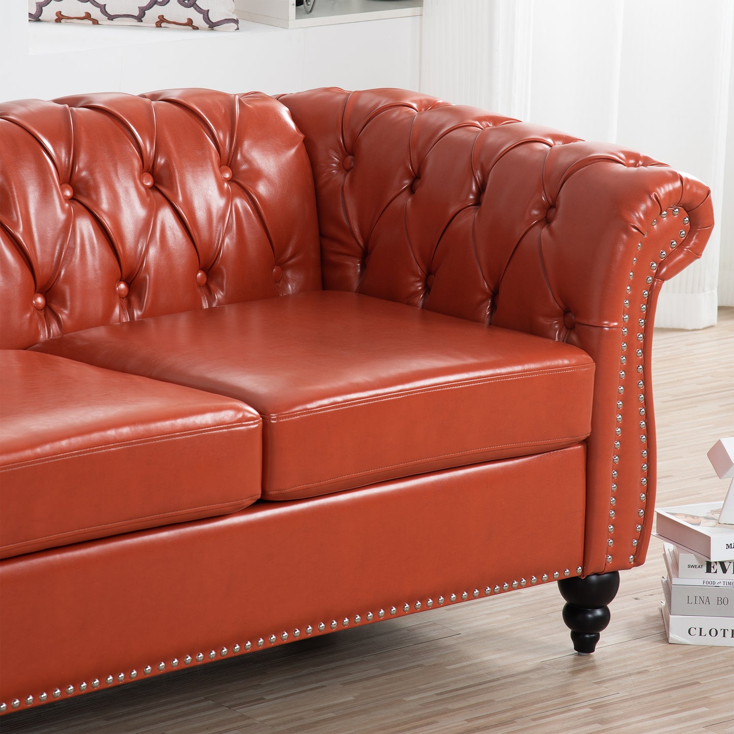 Melysen 84.65" Pu Rolled Arm Chesterfield 3seater Sofa,Orange