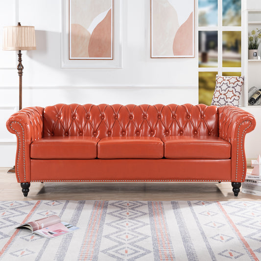 Melysen 84.65" Pu Rolled Arm Chesterfield 3seater Sofa,Orange