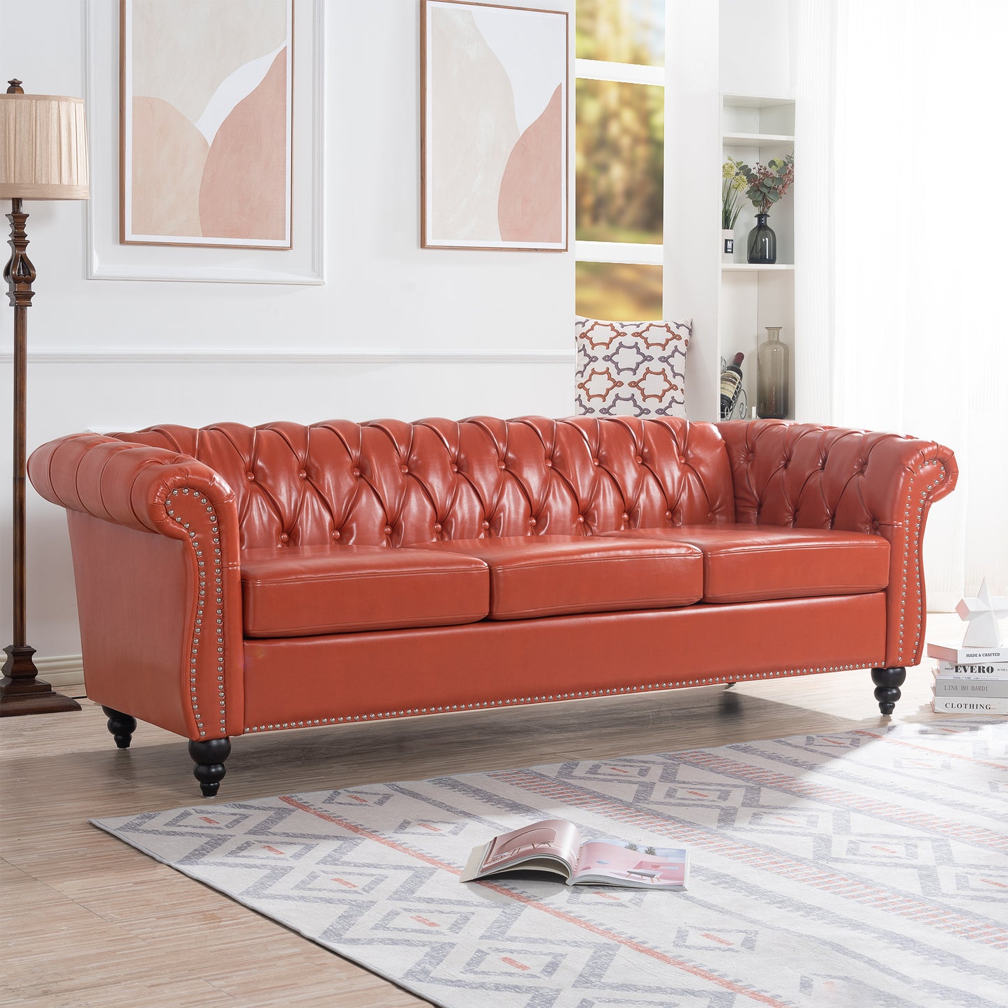 Melysen 84.65" Pu Rolled Arm Chesterfield 3seater Sofa,Orange