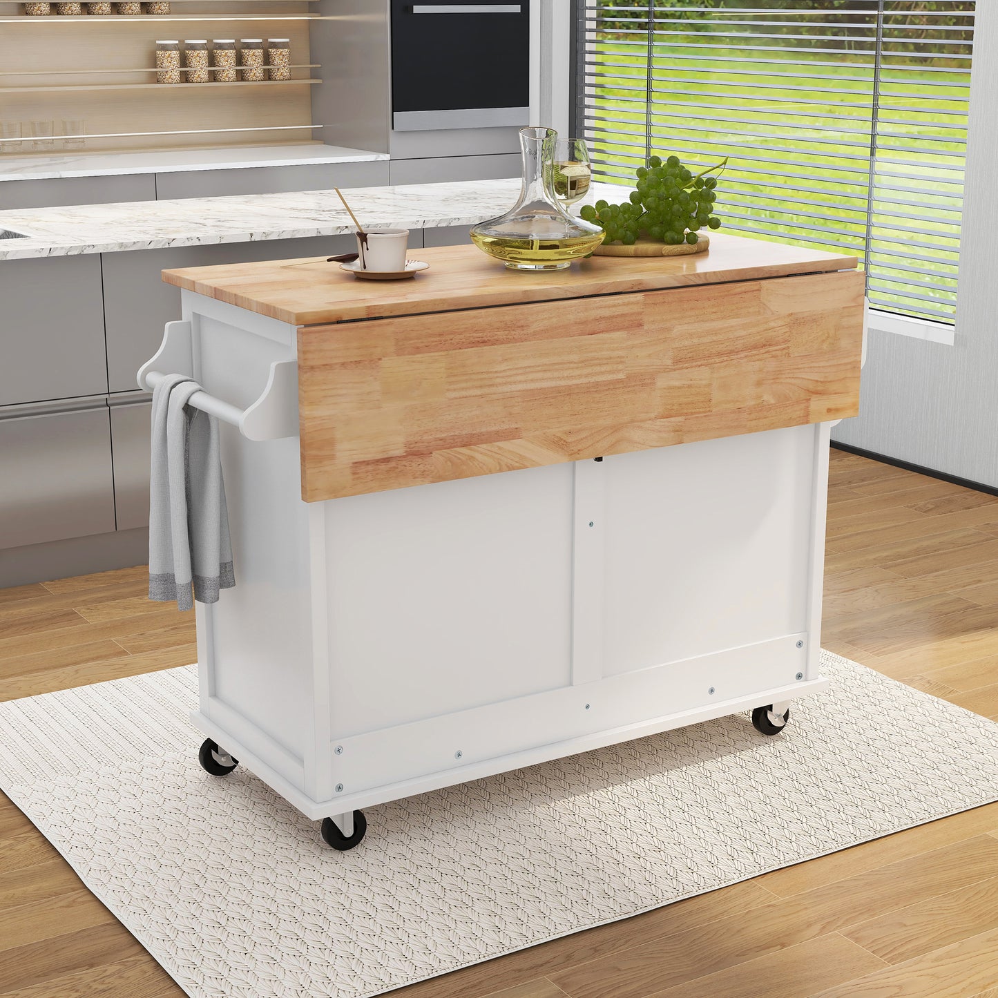 Melysen Kitchen Cart with Rubber wood Drop-Leaf Countertop, Concealed sliding barn door adjustable height,Kitchen Island on 4 Wheels with Storage Cabinet and 2 Drawers,L52.2xW30.5xH36.6 inch, White