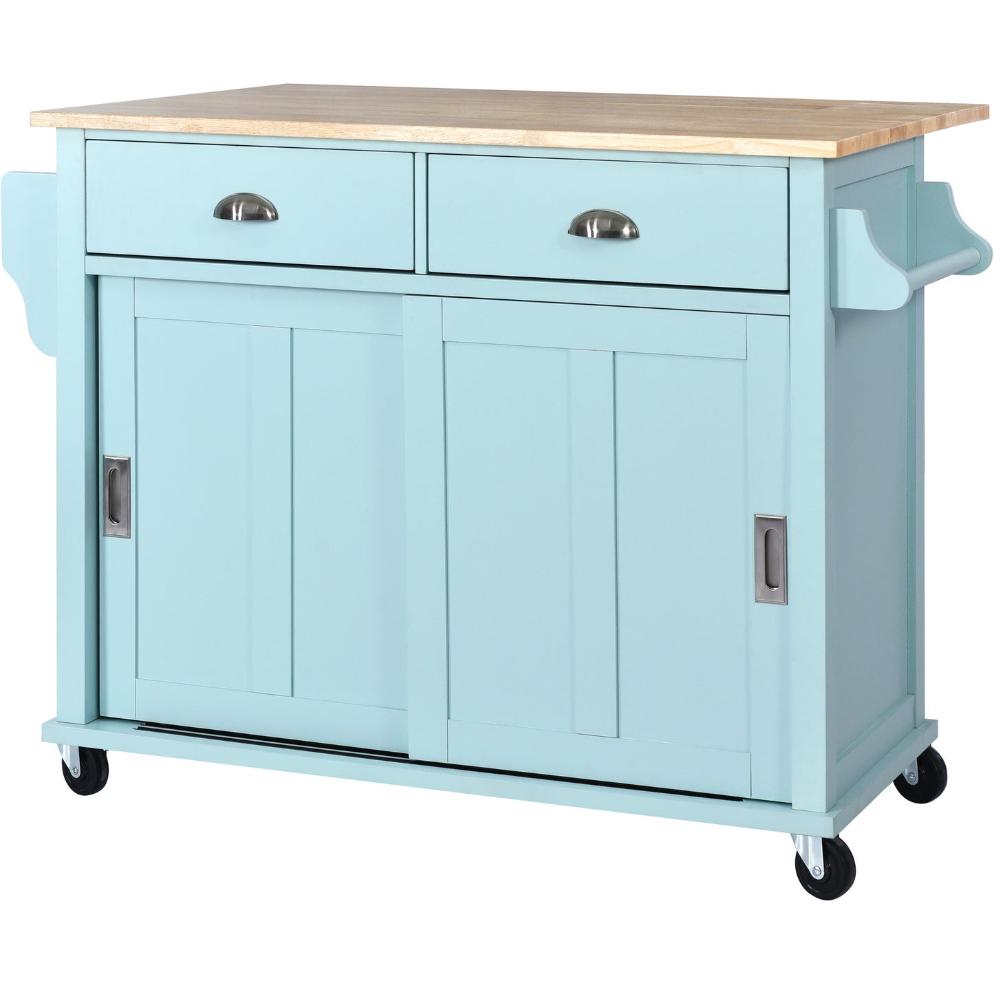 Melysen Kitchen Cart with Rubber wood Drop-Leaf Countertop, Concealed sliding barn door adjustable height,Kitchen Island on 4 Wheels with Storage Cabinet and 2 Drawers,L52.2xW30.5xH36.6 inch, Mint Green