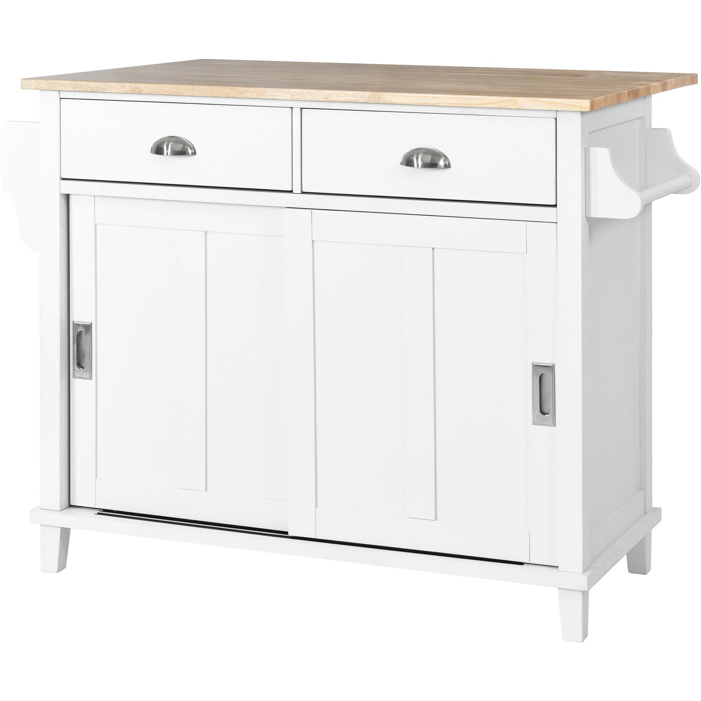 Melysen Kitchen Cart with Rubber wood Drop-Leaf Countertop, Concealed sliding barn door adjustable height,Kitchen Island on 4 Wheels with Storage Cabinet and 2 Drawers,L52.2xW30.5xH36.6 inch, White