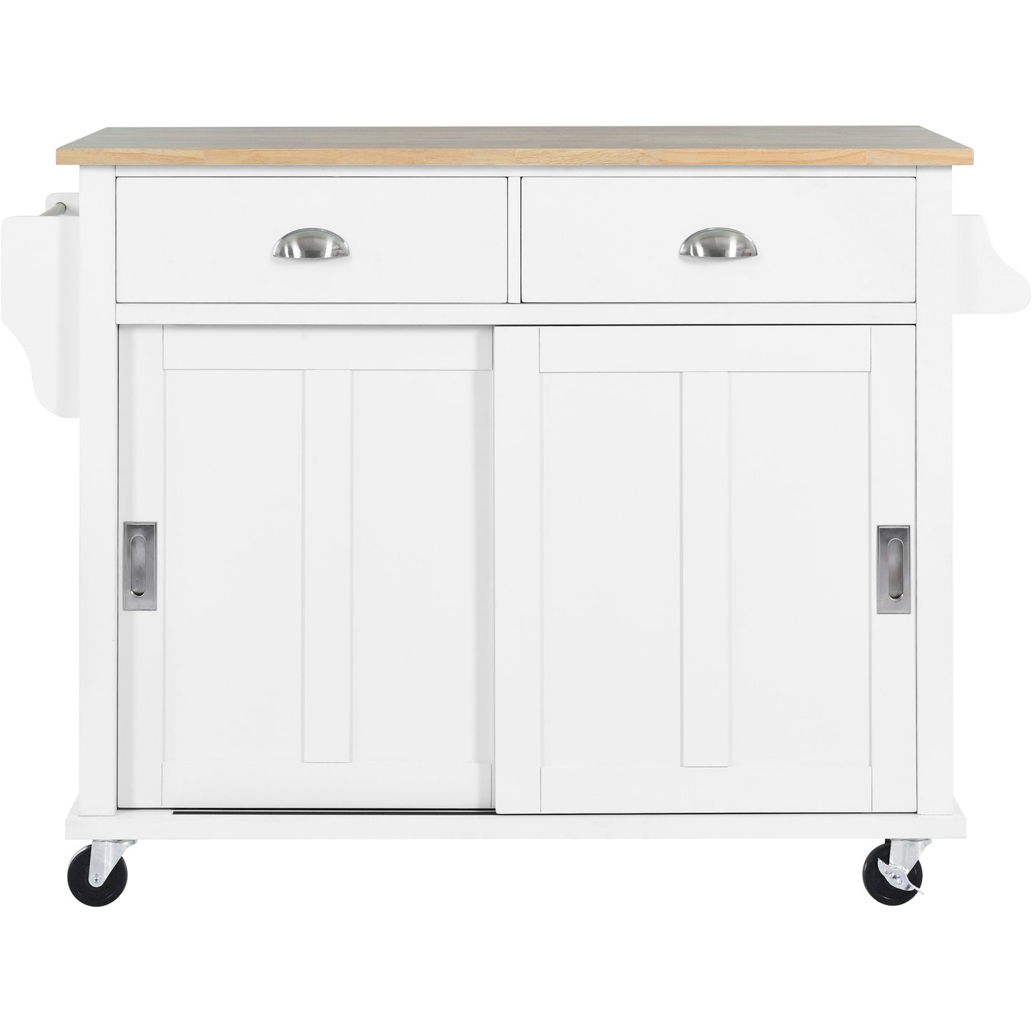 Melysen Kitchen Cart with Rubber wood Drop-Leaf Countertop, Concealed sliding barn door adjustable height,Kitchen Island on 4 Wheels with Storage Cabinet and 2 Drawers,L52.2xW30.5xH36.6 inch, White