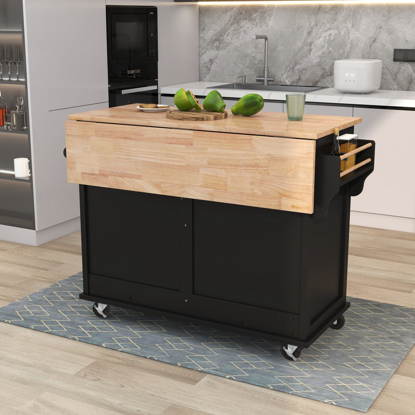 Melysen Kitchen Cart with Rubber wood Drop-Leaf Countertop, Concealed sliding barn door adjustable height,Kitchen Island on 4 Wheels with Storage Cabinet and 2 Drawers,L52.2xW30.5xH36.6 inch, Black