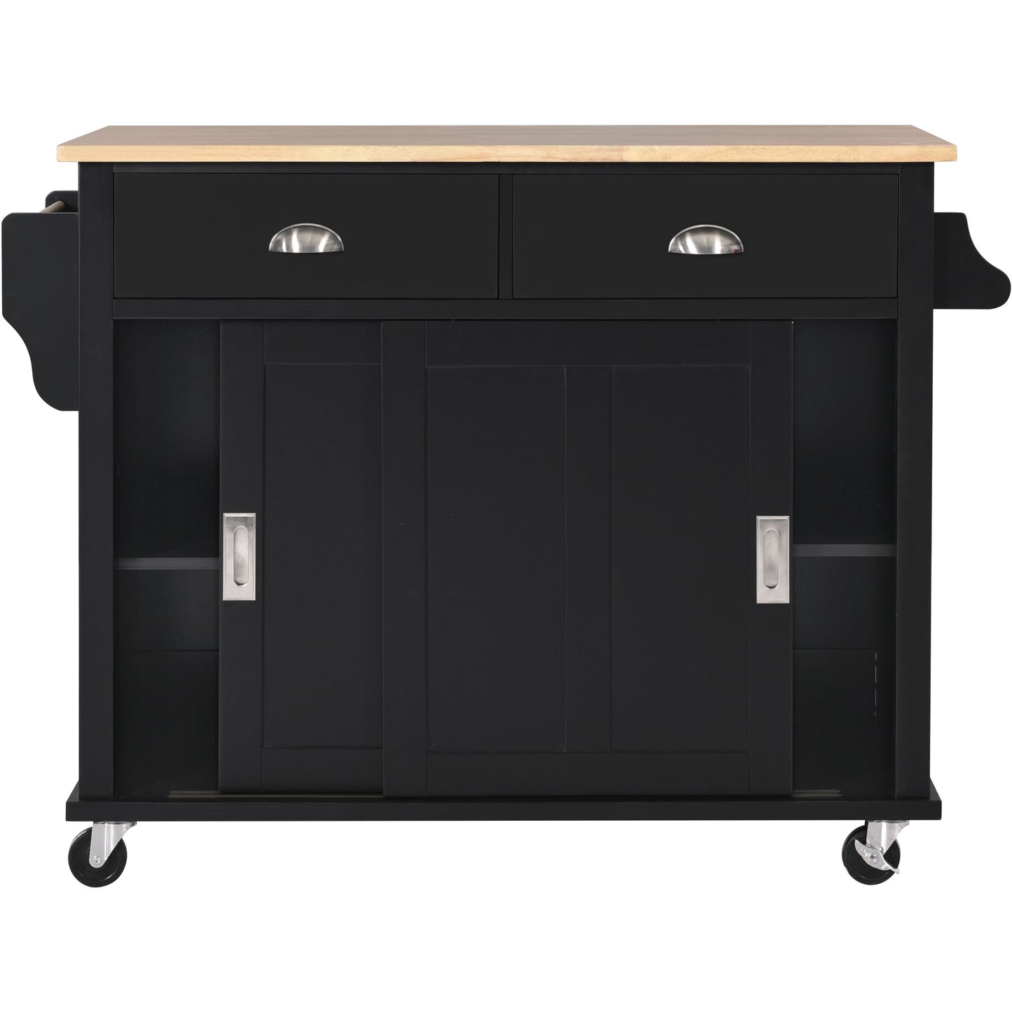 Melysen Kitchen Cart with Rubber wood Drop-Leaf Countertop, Concealed sliding barn door adjustable height,Kitchen Island on 4 Wheels with Storage Cabinet and 2 Drawers,L52.2xW30.5xH36.6 inch, Black