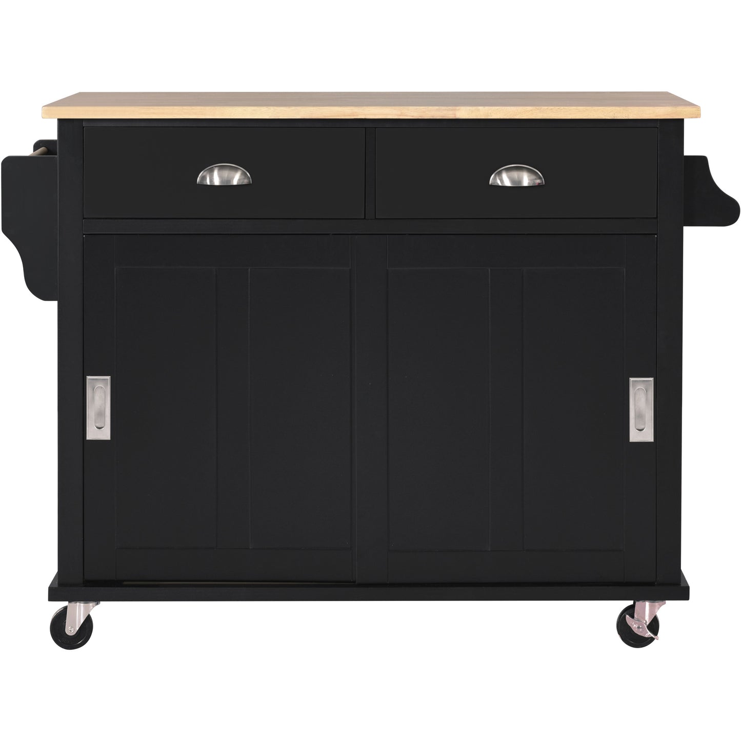 Melysen Kitchen Cart with Rubber wood Drop-Leaf Countertop, Concealed sliding barn door adjustable height,Kitchen Island on 4 Wheels with Storage Cabinet and 2 Drawers,L52.2xW30.5xH36.6 inch, Black