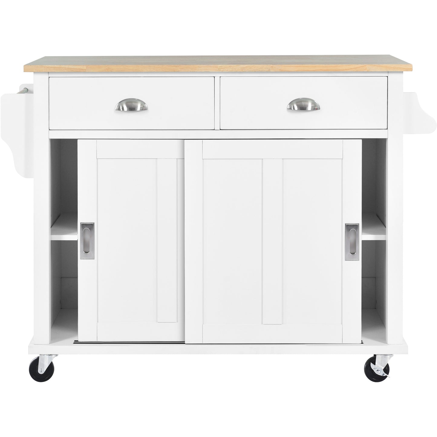 Melysen Kitchen Cart with Rubber wood Drop-Leaf Countertop, Concealed sliding barn door adjustable height,Kitchen Island on 4 Wheels with Storage Cabinet and 2 Drawers,L52.2xW30.5xH36.6 inch, White