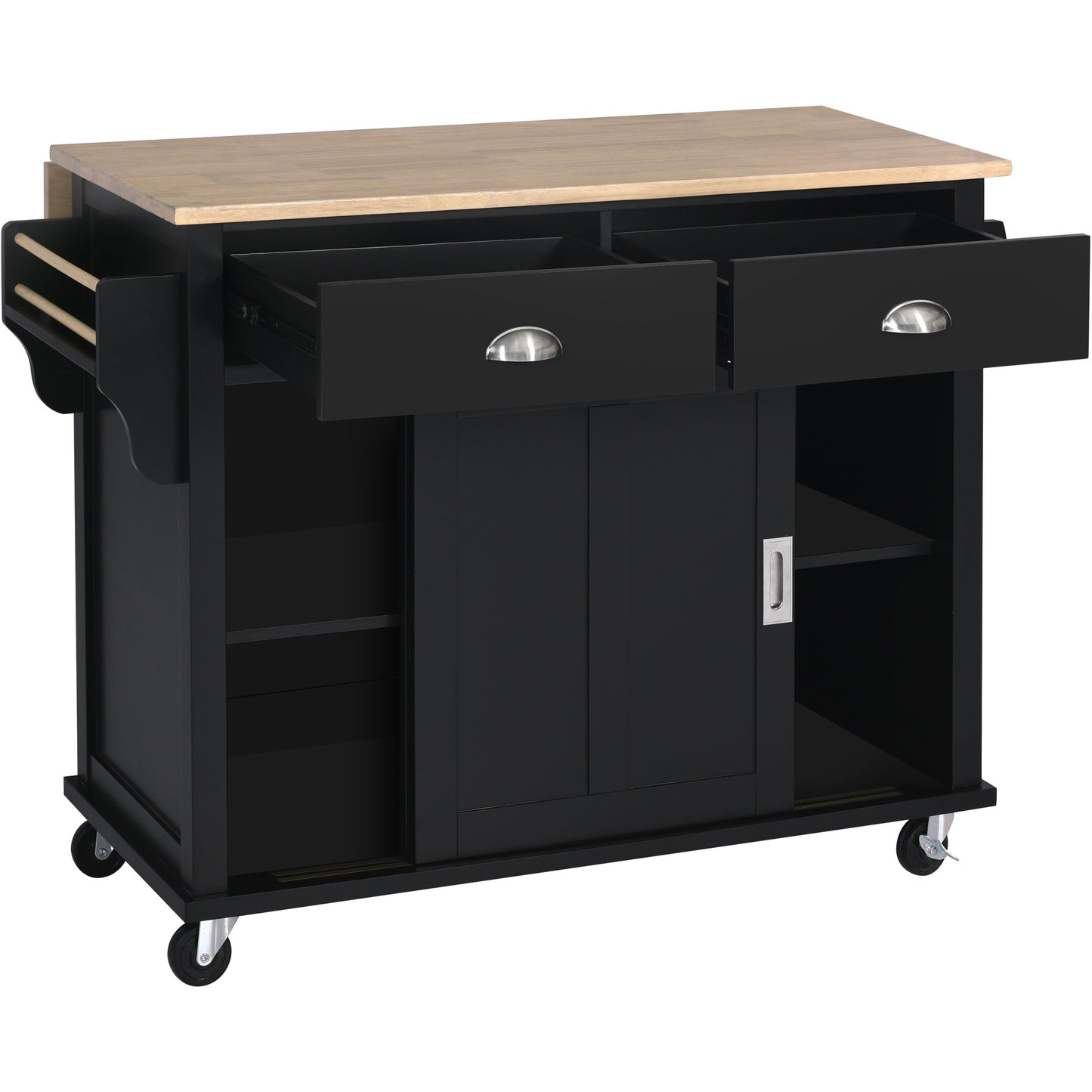 Melysen Kitchen Cart with Rubber wood Drop-Leaf Countertop, Concealed sliding barn door adjustable height,Kitchen Island on 4 Wheels with Storage Cabinet and 2 Drawers,L52.2xW30.5xH36.6 inch, Black