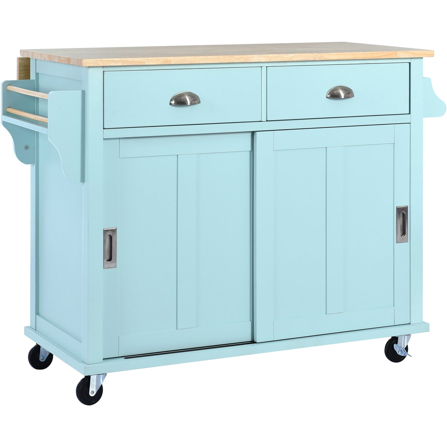 Melysen Kitchen Cart with Rubber wood Drop-Leaf Countertop, Concealed sliding barn door adjustable height,Kitchen Island on 4 Wheels with Storage Cabinet and 2 Drawers,L52.2xW30.5xH36.6 inch, Mint Green