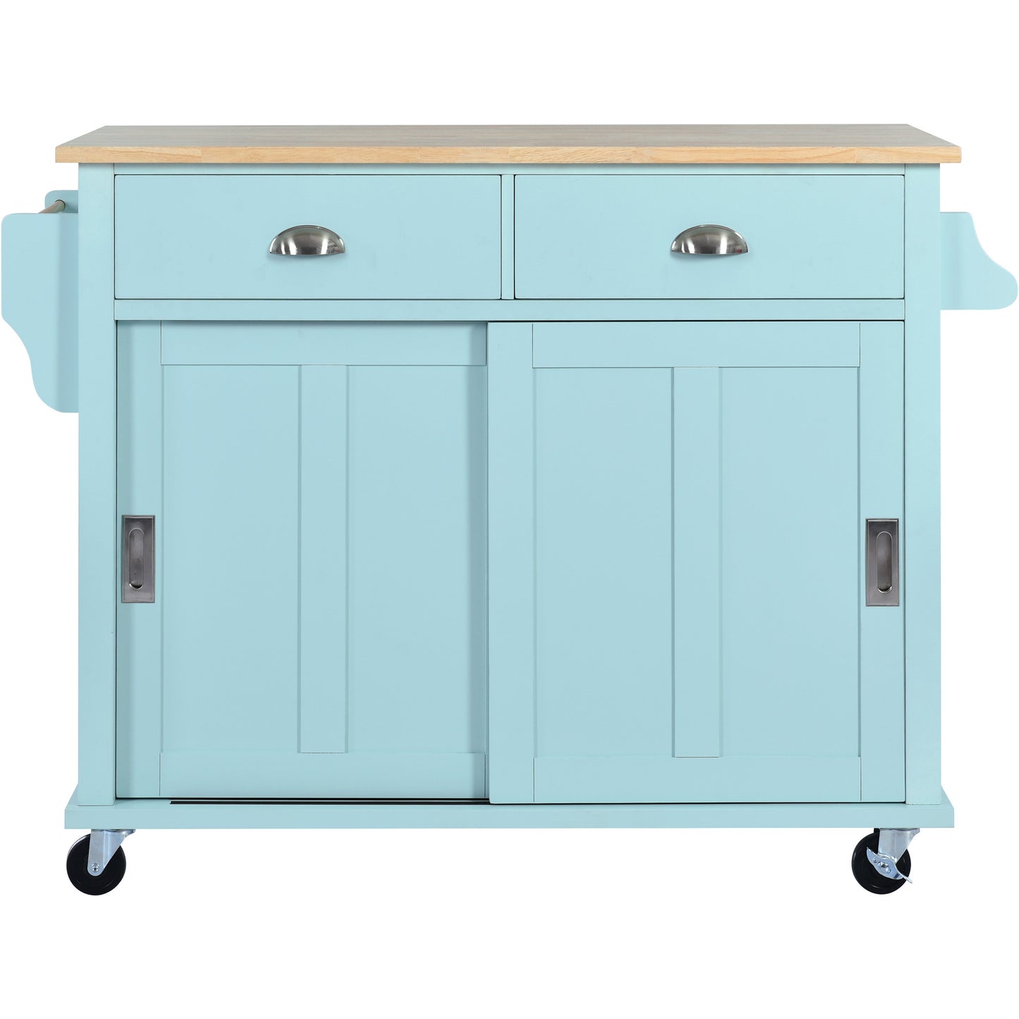 Melysen Kitchen Cart with Rubber wood Drop-Leaf Countertop, Concealed sliding barn door adjustable height,Kitchen Island on 4 Wheels with Storage Cabinet and 2 Drawers,L52.2xW30.5xH36.6 inch, Mint Green