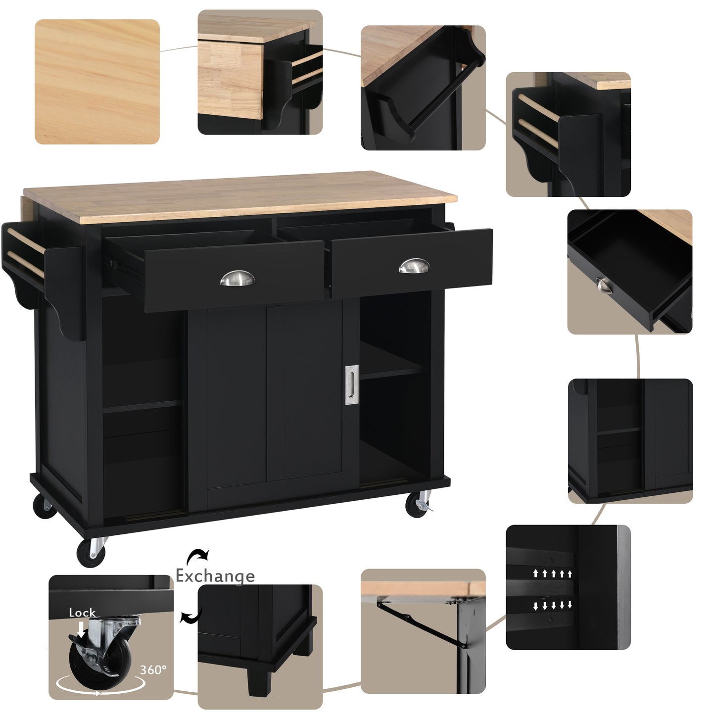 Melysen Kitchen Cart with Rubber wood Drop-Leaf Countertop, Concealed sliding barn door adjustable height,Kitchen Island on 4 Wheels with Storage Cabinet and 2 Drawers,L52.2xW30.5xH36.6 inch, Black