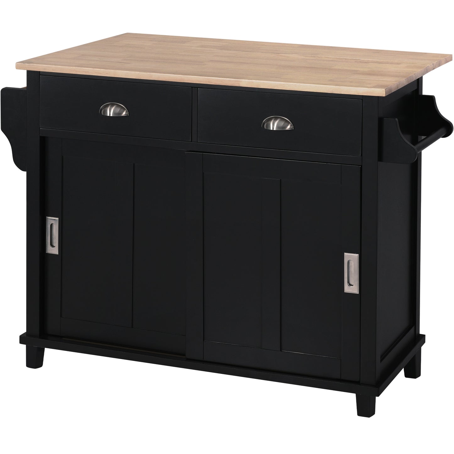 Melysen Kitchen Cart with Rubber wood Drop-Leaf Countertop, Concealed sliding barn door adjustable height,Kitchen Island on 4 Wheels with Storage Cabinet and 2 Drawers,L52.2xW30.5xH36.6 inch, Black