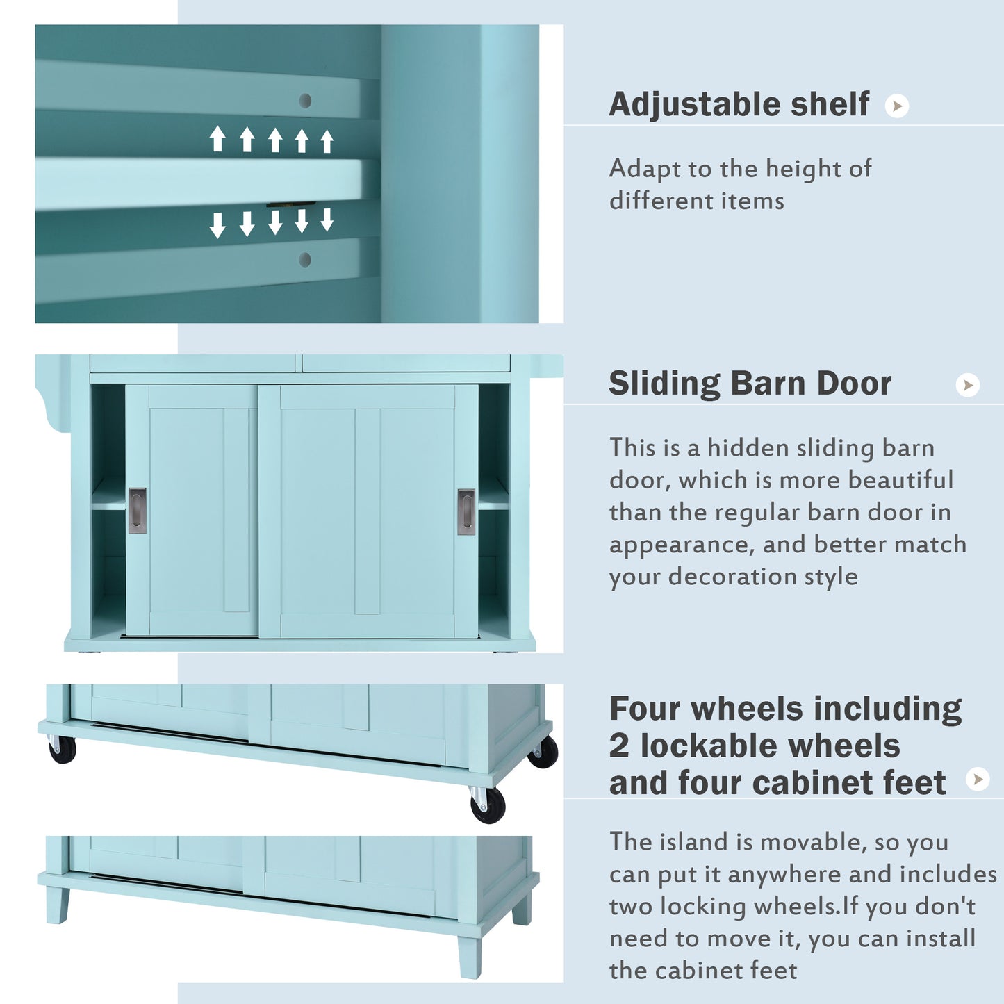 Melysen Kitchen Cart with Rubber wood Drop-Leaf Countertop, Concealed sliding barn door adjustable height,Kitchen Island on 4 Wheels with Storage Cabinet and 2 Drawers,L52.2xW30.5xH36.6 inch, Mint Green