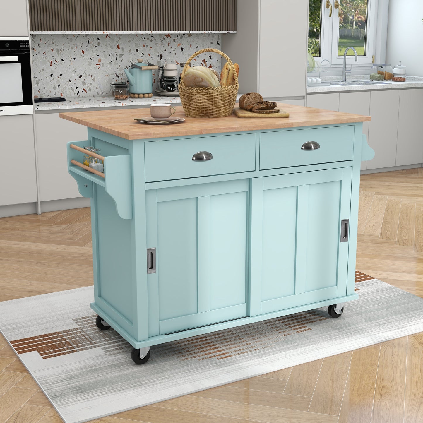 Melysen Kitchen Cart with Rubber wood Drop-Leaf Countertop, Concealed sliding barn door adjustable height,Kitchen Island on 4 Wheels with Storage Cabinet and 2 Drawers,L52.2xW30.5xH36.6 inch, Mint Green