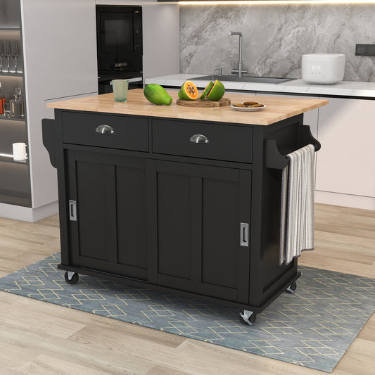 Melysen Kitchen Cart with Rubber wood Drop-Leaf Countertop, Concealed sliding barn door adjustable height,Kitchen Island on 4 Wheels with Storage Cabinet and 2 Drawers,L52.2xW30.5xH36.6 inch, Black