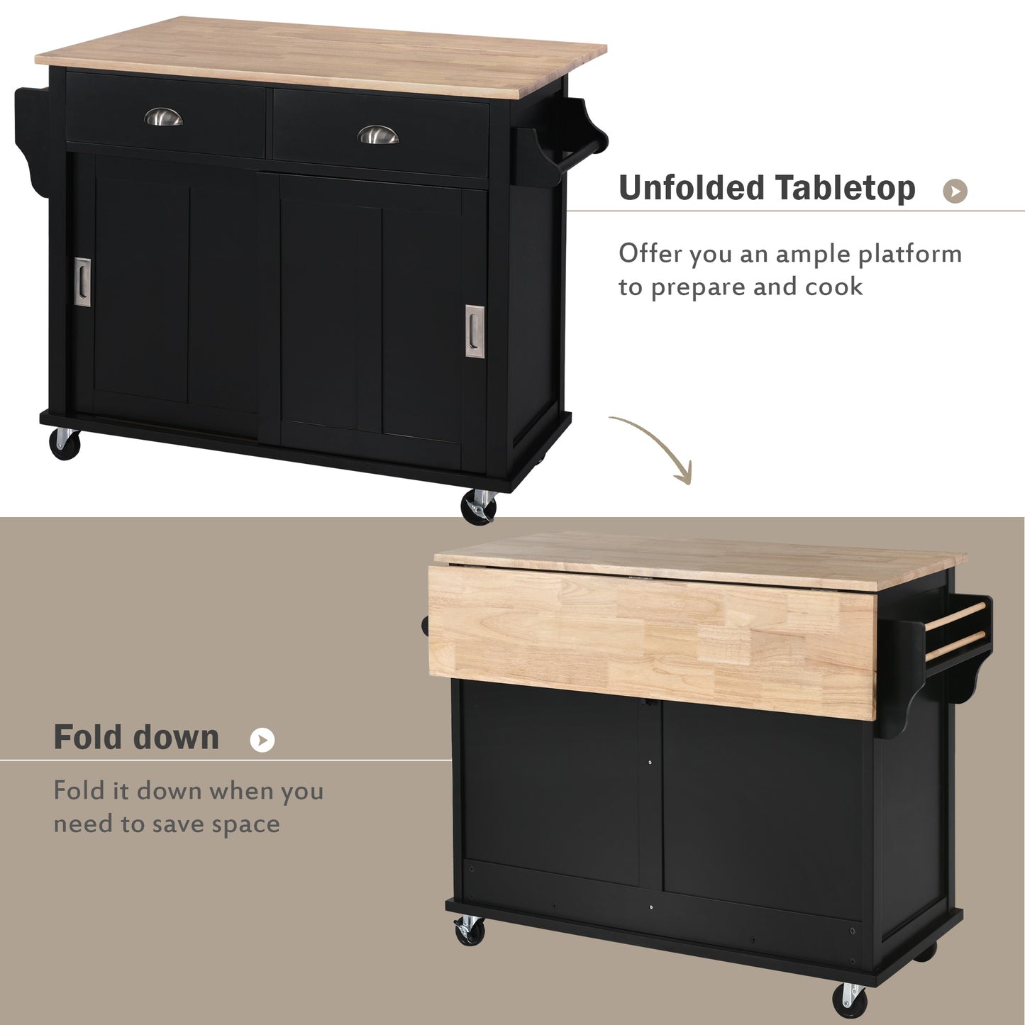 Melysen Kitchen Cart with Rubber wood Drop-Leaf Countertop, Concealed sliding barn door adjustable height,Kitchen Island on 4 Wheels with Storage Cabinet and 2 Drawers,L52.2xW30.5xH36.6 inch, Black