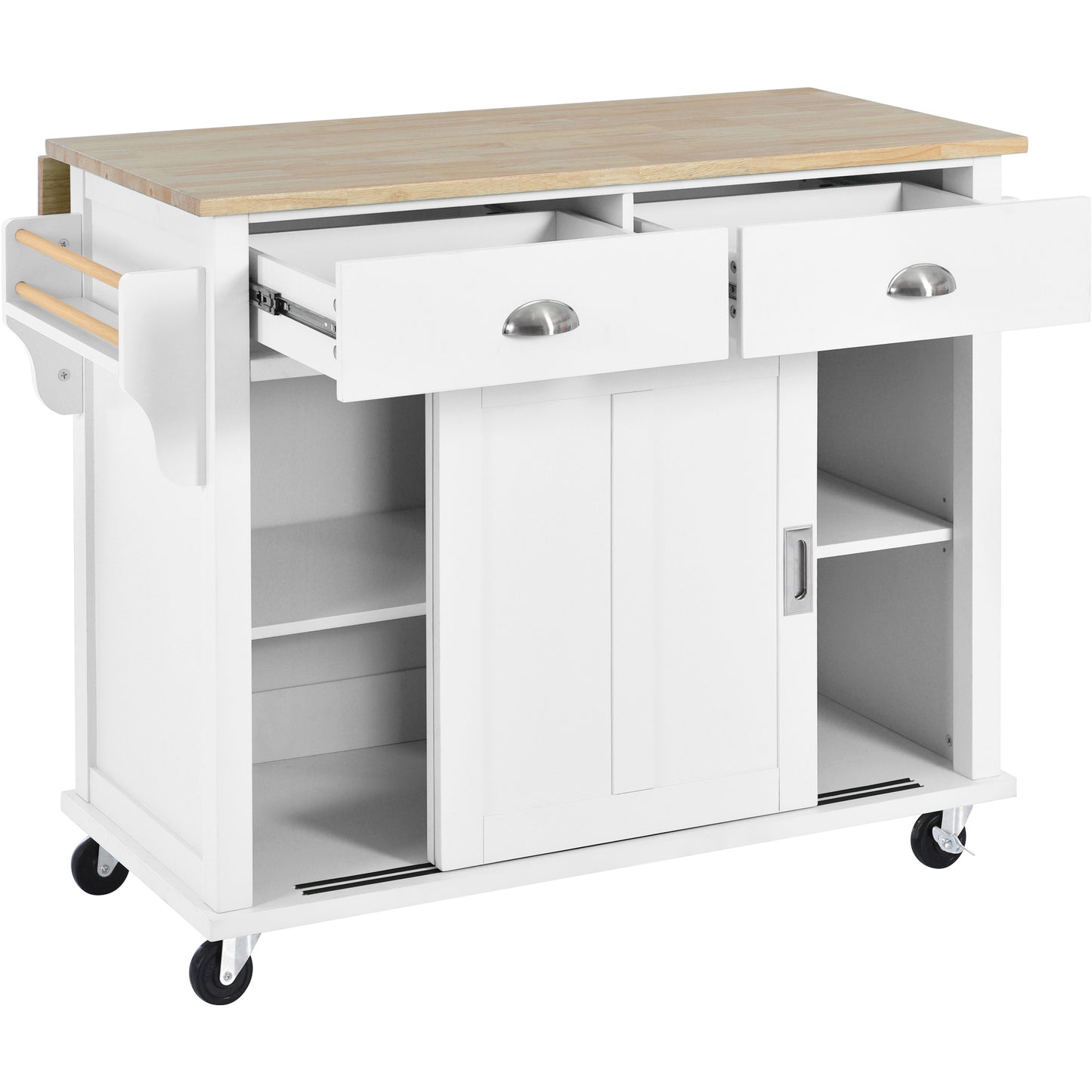 Melysen Kitchen Cart with Rubber wood Drop-Leaf Countertop, Concealed sliding barn door adjustable height,Kitchen Island on 4 Wheels with Storage Cabinet and 2 Drawers,L52.2xW30.5xH36.6 inch, White