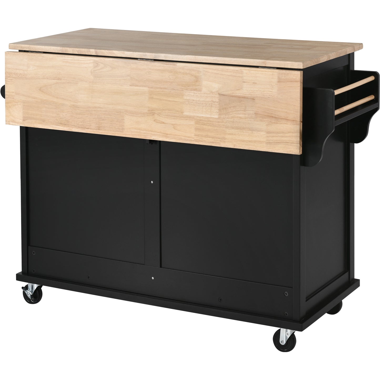 Melysen Kitchen Cart with Rubber wood Drop-Leaf Countertop, Concealed sliding barn door adjustable height,Kitchen Island on 4 Wheels with Storage Cabinet and 2 Drawers,L52.2xW30.5xH36.6 inch, Black