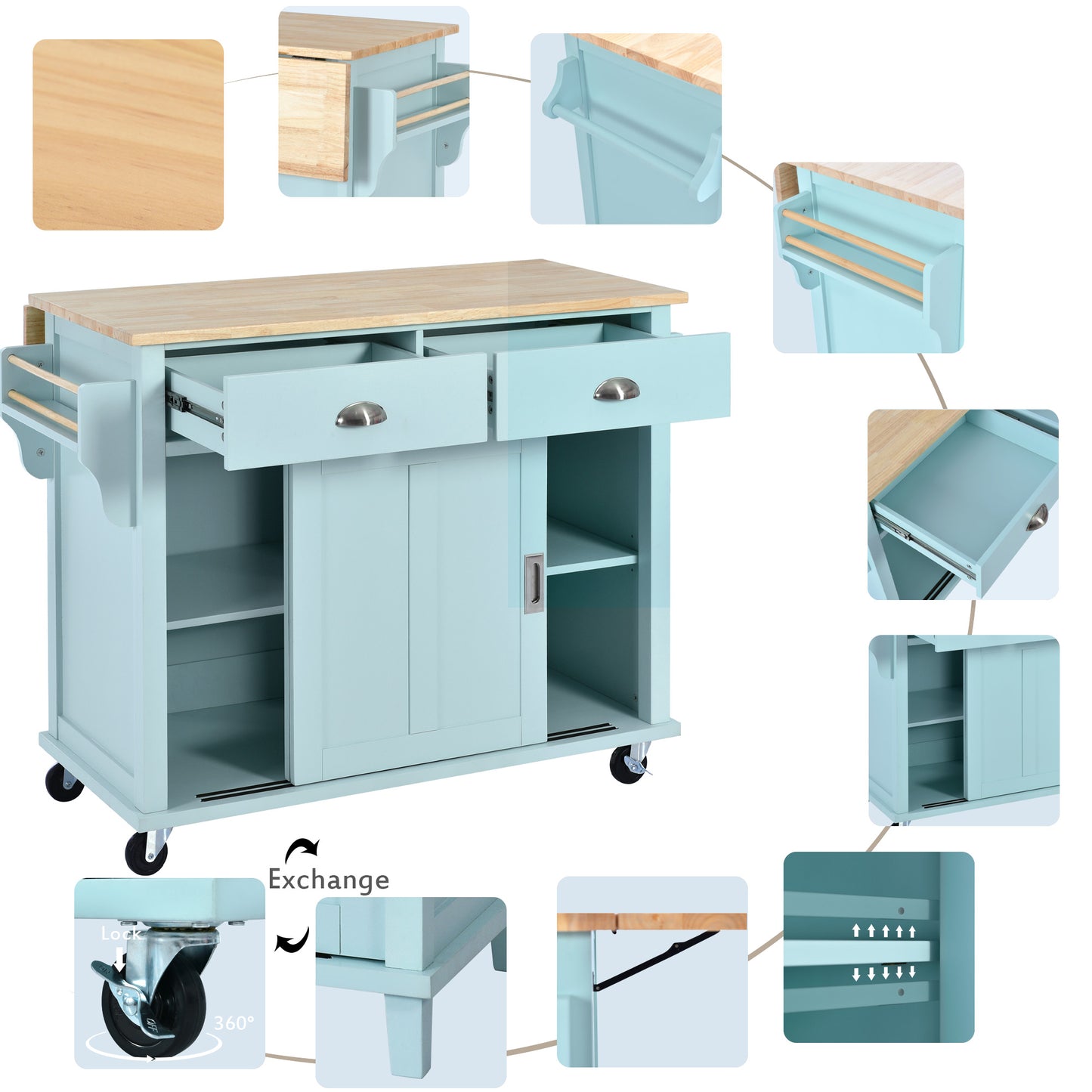 Melysen Kitchen Cart with Rubber wood Drop-Leaf Countertop, Concealed sliding barn door adjustable height,Kitchen Island on 4 Wheels with Storage Cabinet and 2 Drawers,L52.2xW30.5xH36.6 inch, Mint Green