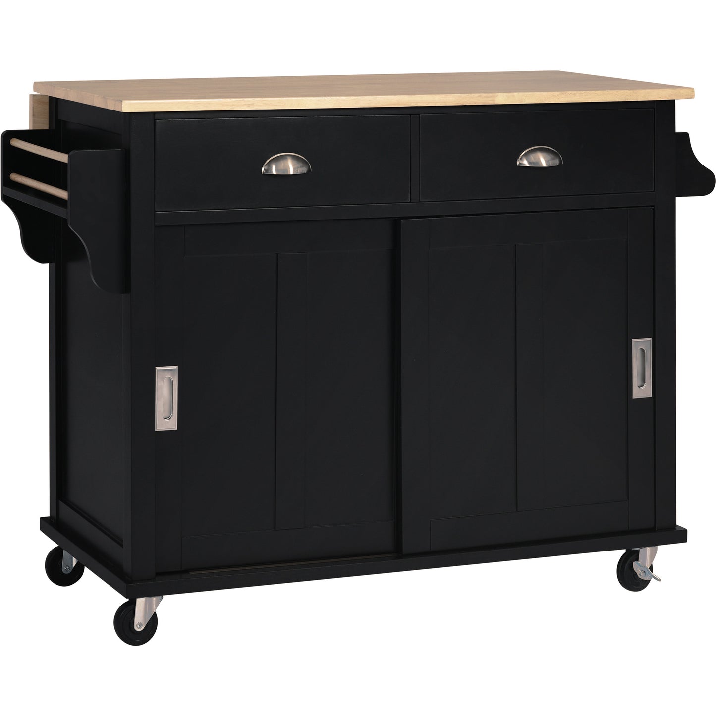 Melysen Kitchen Cart with Rubber wood Drop-Leaf Countertop, Concealed sliding barn door adjustable height,Kitchen Island on 4 Wheels with Storage Cabinet and 2 Drawers,L52.2xW30.5xH36.6 inch, Black