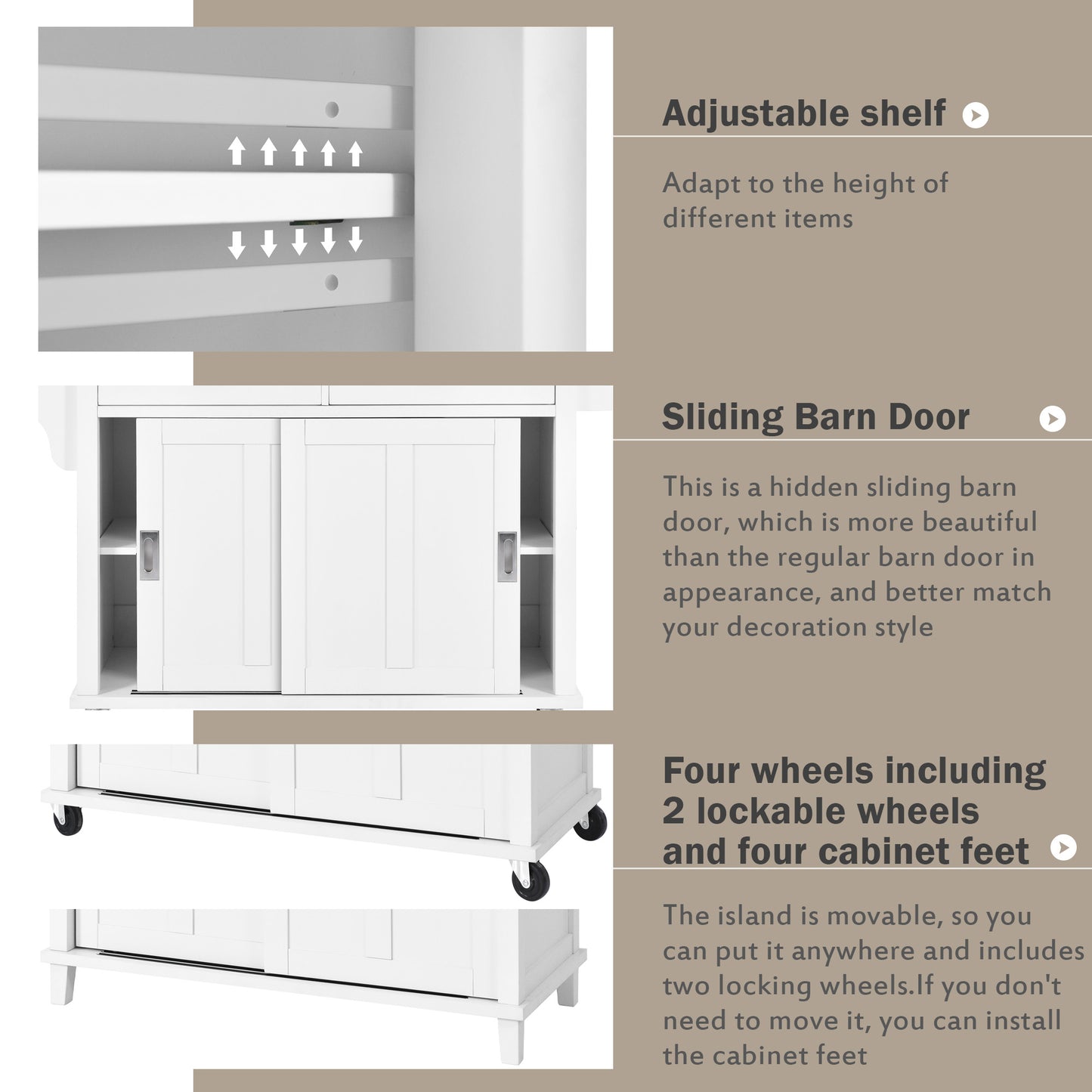 Melysen Kitchen Cart with Rubber wood Drop-Leaf Countertop, Concealed sliding barn door adjustable height,Kitchen Island on 4 Wheels with Storage Cabinet and 2 Drawers,L52.2xW30.5xH36.6 inch, White