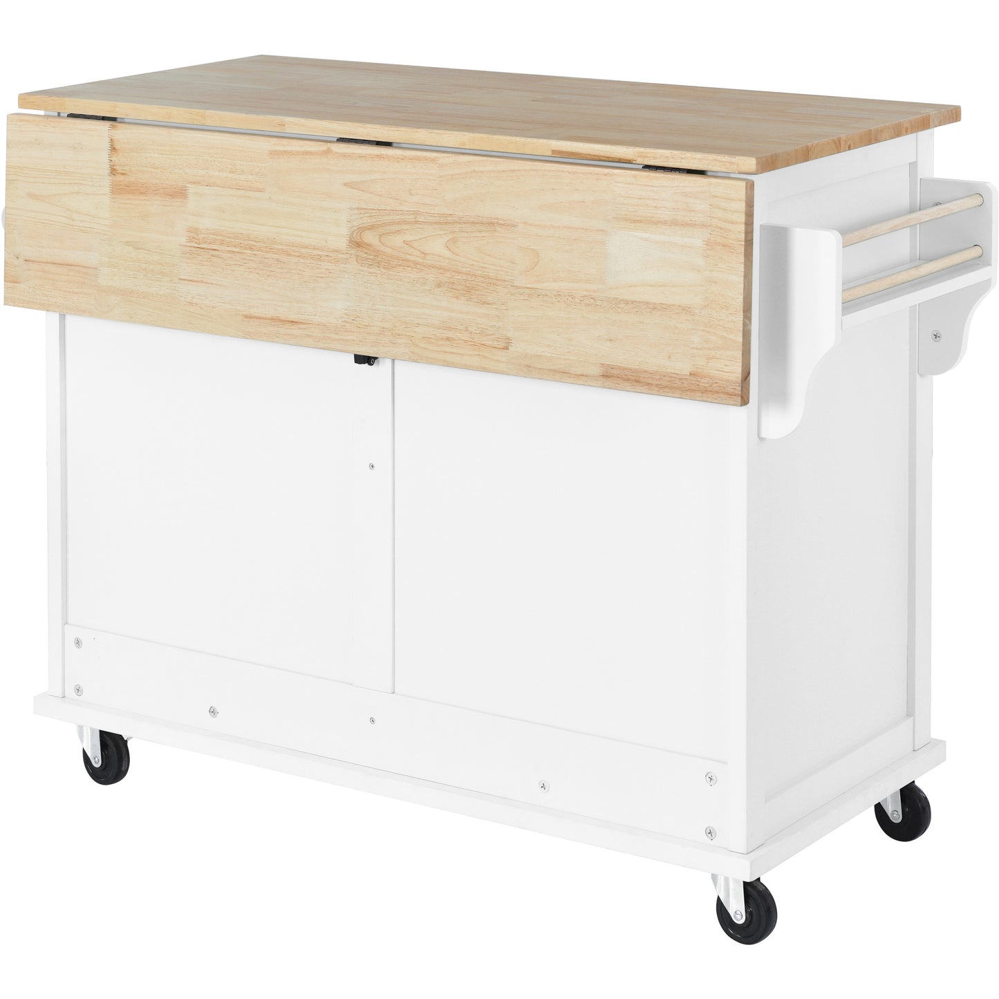 Melysen Kitchen Cart with Rubber wood Drop-Leaf Countertop, Concealed sliding barn door adjustable height,Kitchen Island on 4 Wheels with Storage Cabinet and 2 Drawers,L52.2xW30.5xH36.6 inch, White