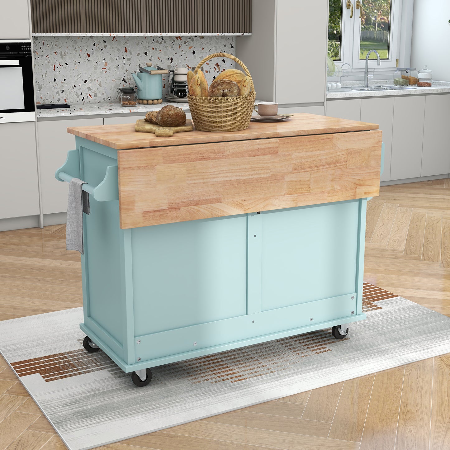 Melysen Kitchen Cart with Rubber wood Drop-Leaf Countertop, Concealed sliding barn door adjustable height,Kitchen Island on 4 Wheels with Storage Cabinet and 2 Drawers,L52.2xW30.5xH36.6 inch, Mint Green