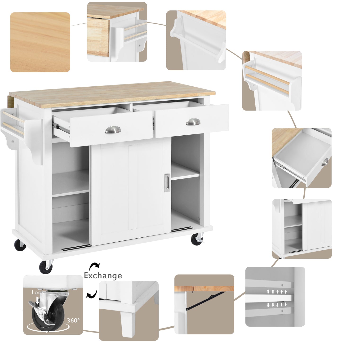 Melysen Kitchen Cart with Rubber wood Drop-Leaf Countertop, Concealed sliding barn door adjustable height,Kitchen Island on 4 Wheels with Storage Cabinet and 2 Drawers,L52.2xW30.5xH36.6 inch, White