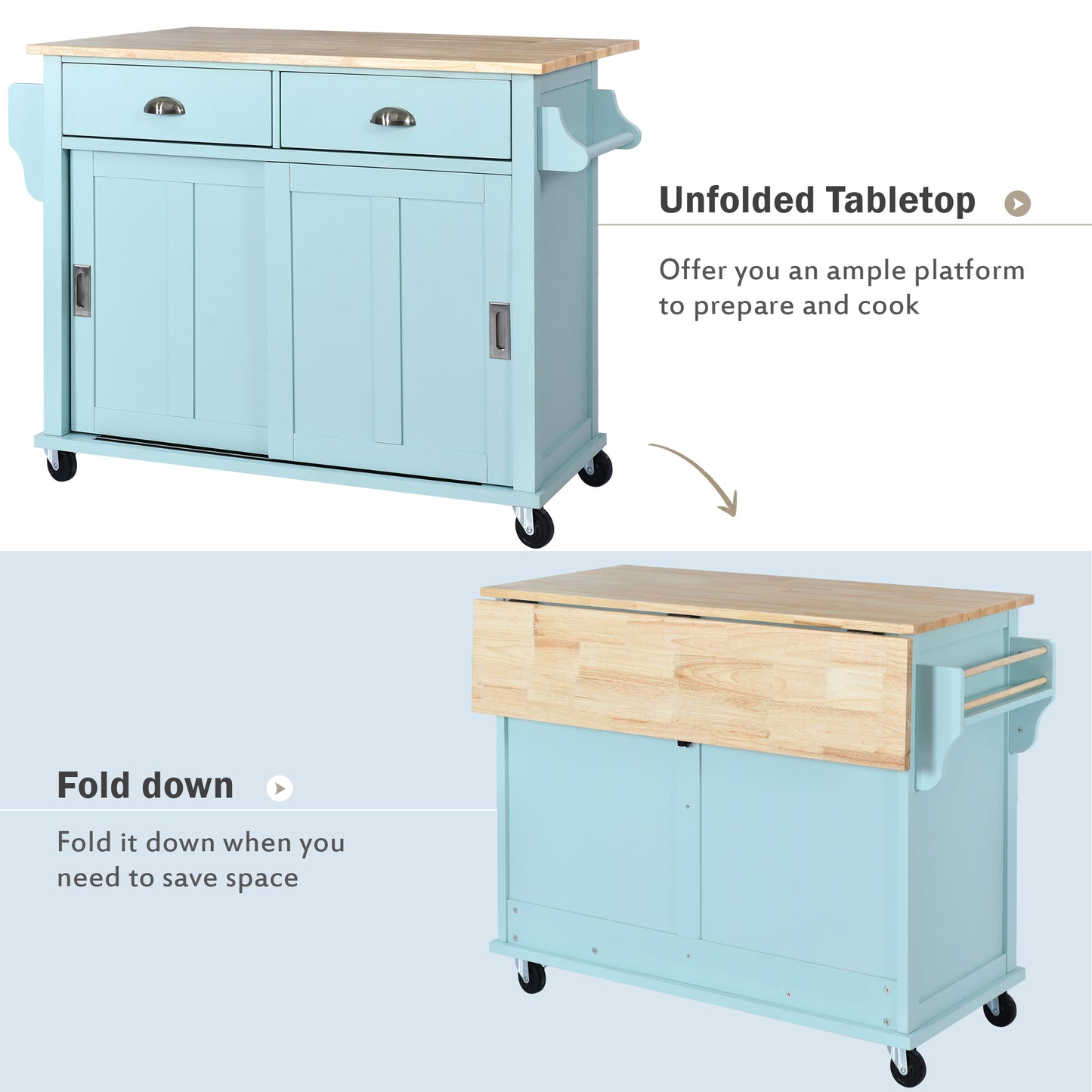 Melysen Kitchen Cart with Rubber wood Drop-Leaf Countertop, Concealed sliding barn door adjustable height,Kitchen Island on 4 Wheels with Storage Cabinet and 2 Drawers,L52.2xW30.5xH36.6 inch, Mint Green