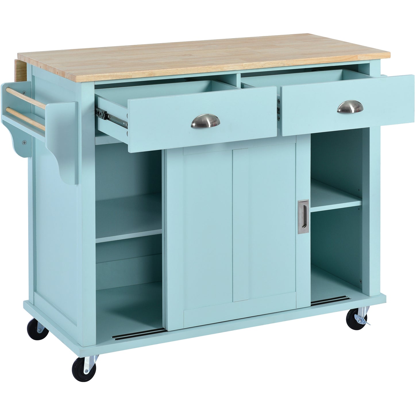 Melysen Kitchen Cart with Rubber wood Drop-Leaf Countertop, Concealed sliding barn door adjustable height,Kitchen Island on 4 Wheels with Storage Cabinet and 2 Drawers,L52.2xW30.5xH36.6 inch, Mint Green