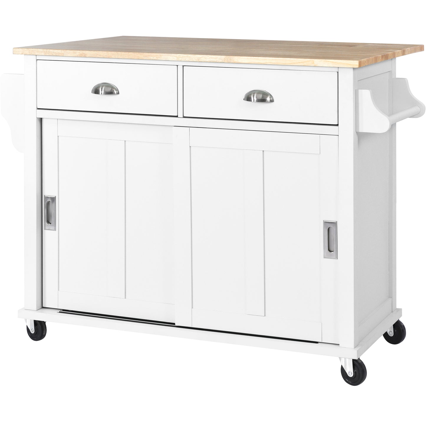 Melysen Kitchen Cart with Rubber wood Drop-Leaf Countertop, Concealed sliding barn door adjustable height,Kitchen Island on 4 Wheels with Storage Cabinet and 2 Drawers,L52.2xW30.5xH36.6 inch, White