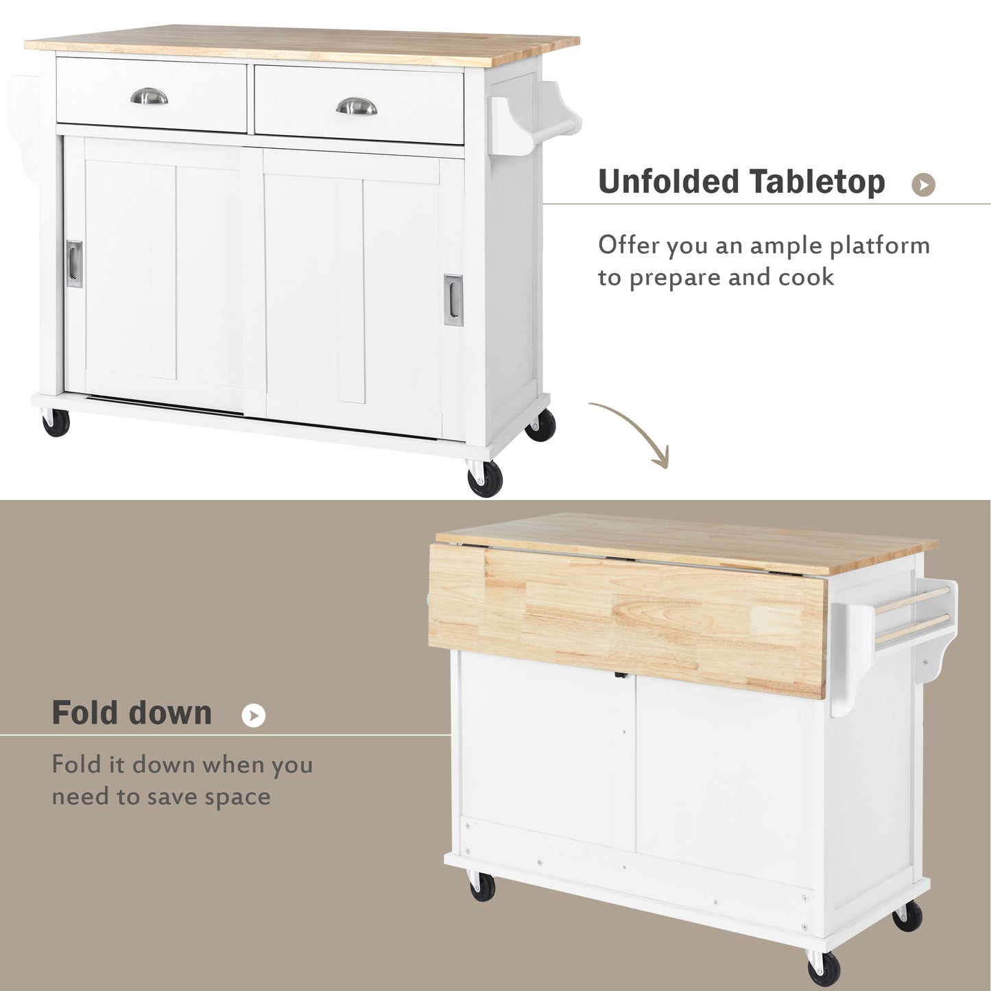 Melysen Kitchen Cart with Rubber wood Drop-Leaf Countertop, Concealed sliding barn door adjustable height,Kitchen Island on 4 Wheels with Storage Cabinet and 2 Drawers,L52.2xW30.5xH36.6 inch, White