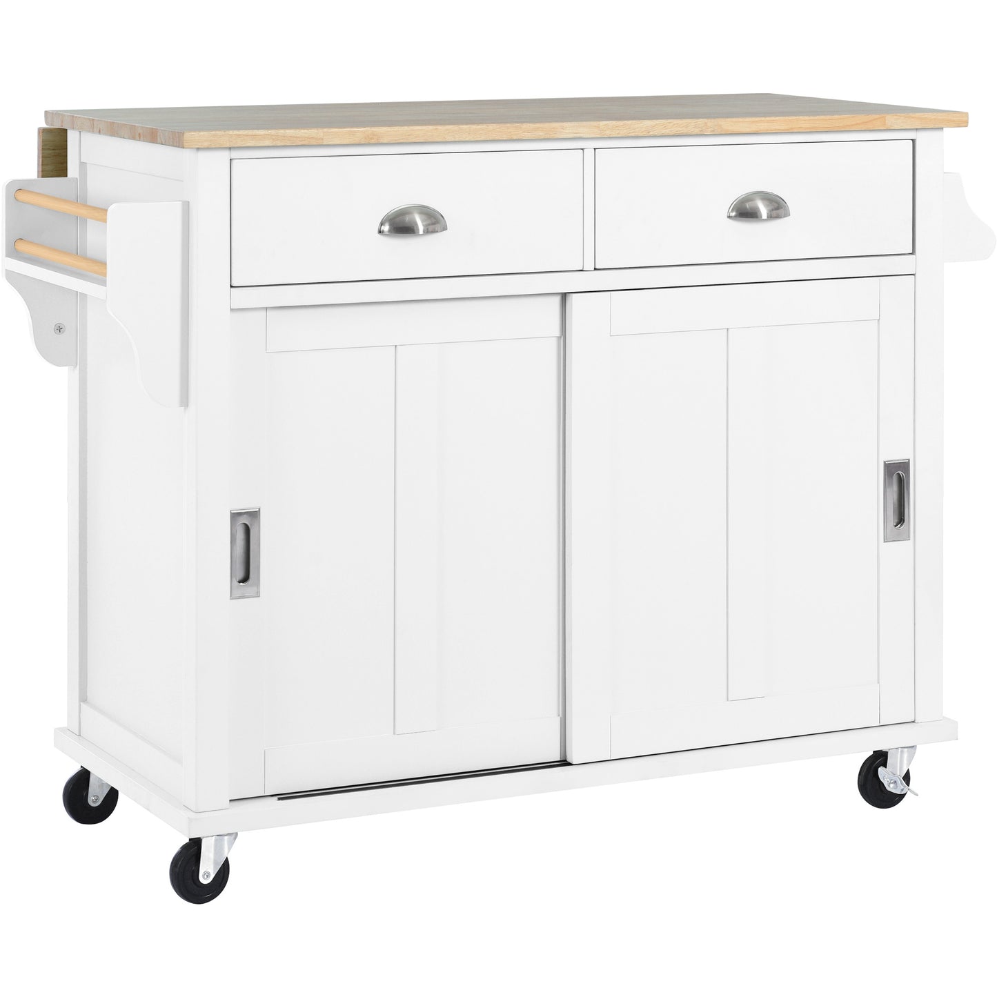 Melysen Kitchen Cart with Rubber wood Drop-Leaf Countertop, Concealed sliding barn door adjustable height,Kitchen Island on 4 Wheels with Storage Cabinet and 2 Drawers,L52.2xW30.5xH36.6 inch, White