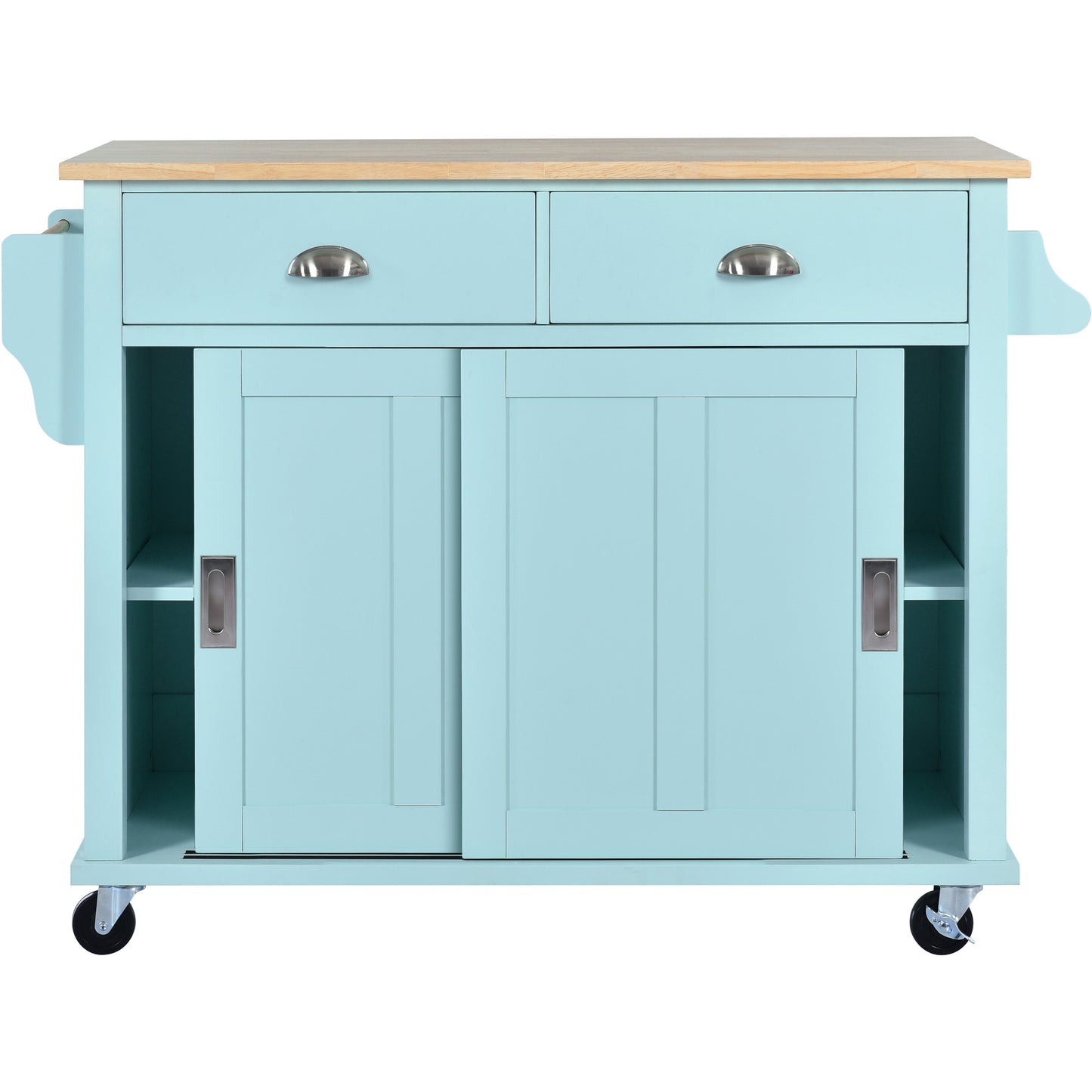 Melysen Kitchen Cart with Rubber wood Drop-Leaf Countertop, Concealed sliding barn door adjustable height,Kitchen Island on 4 Wheels with Storage Cabinet and 2 Drawers,L52.2xW30.5xH36.6 inch, Mint Green