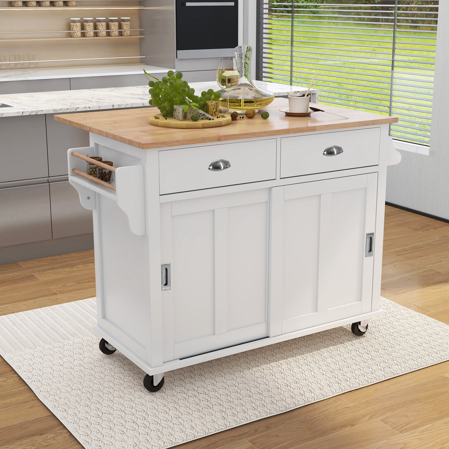 Melysen Kitchen Cart with Rubber wood Drop-Leaf Countertop, Concealed sliding barn door adjustable height,Kitchen Island on 4 Wheels with Storage Cabinet and 2 Drawers,L52.2xW30.5xH36.6 inch, White