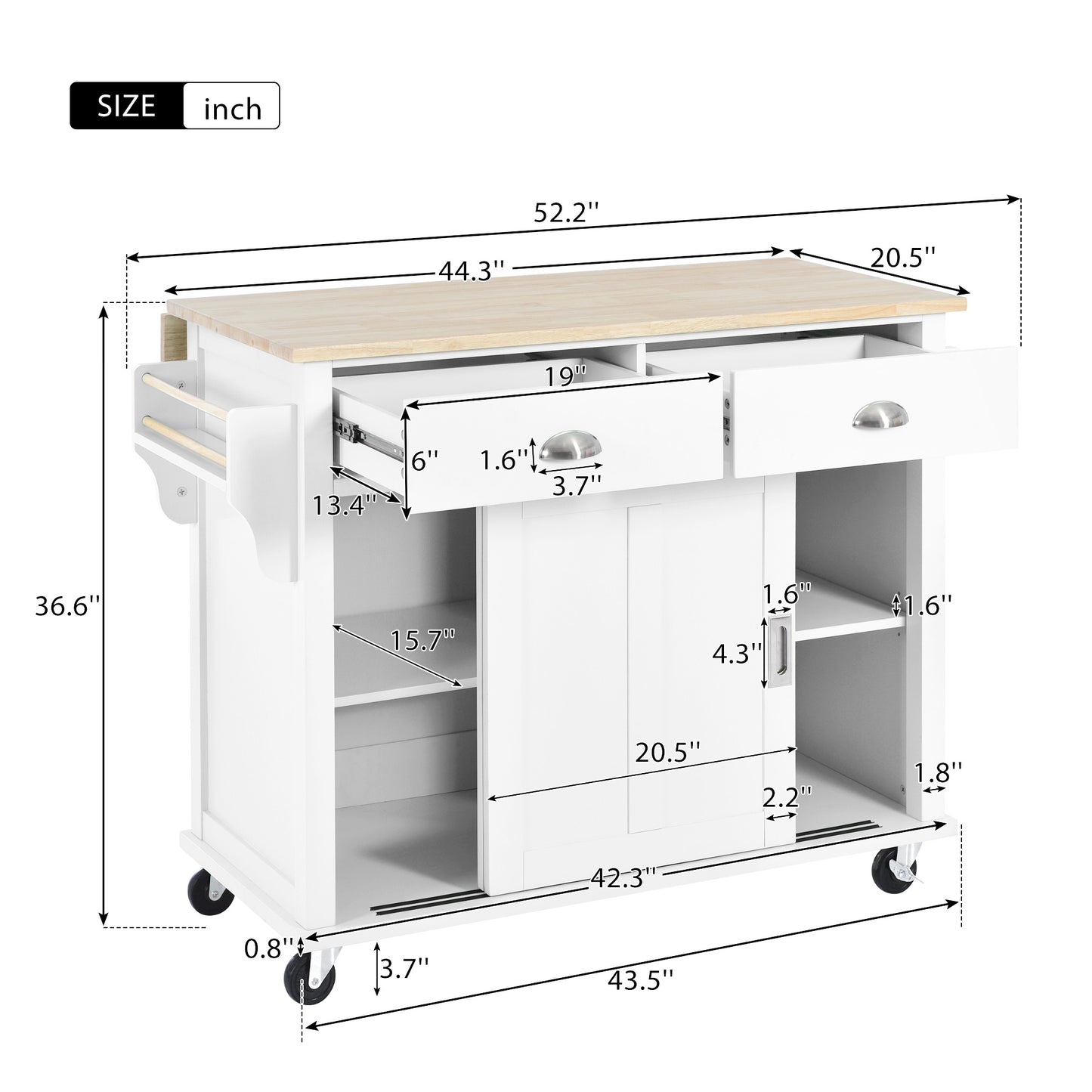 Melysen Kitchen Cart with Rubber wood Drop-Leaf Countertop, Concealed sliding barn door adjustable height,Kitchen Island on 4 Wheels with Storage Cabinet and 2 Drawers,L52.2xW30.5xH36.6 inch, White